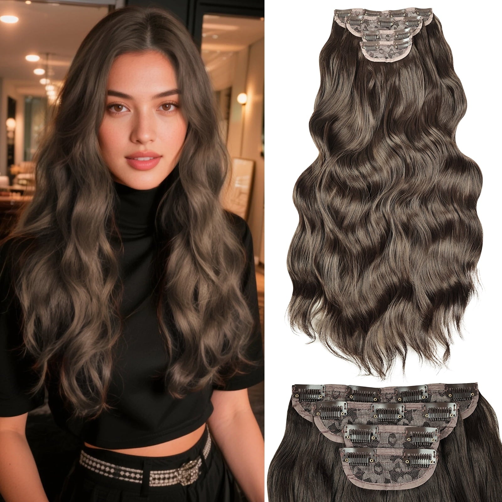 Brown Clip in Hair Extensions 23 Inch 4pcs Long Wavy Hair Extensions Double Weft Synthetic Hairpieces for Women