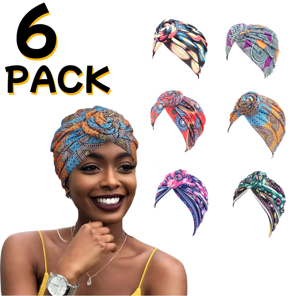 6 Pack Women Turbans African Pattern Knot Headwrap Bohemian Print Pre Tied Flower Knot Bet Hat for Women Girls