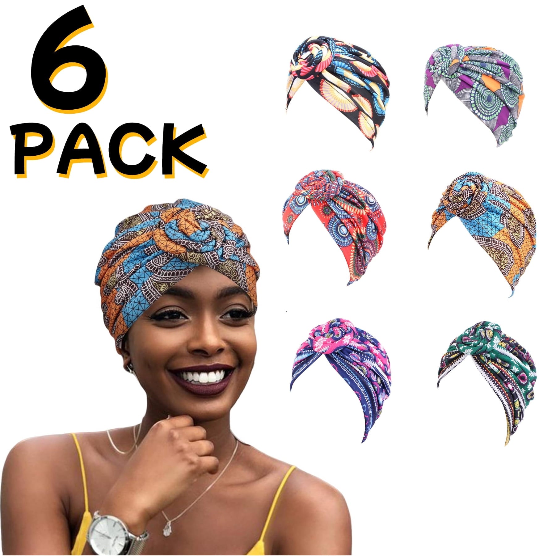 6 Pack Women Turbans African Pattern Knot Headwrap Bohemian Print Pre Tied Flower Knot Bet Hat for Women Girls