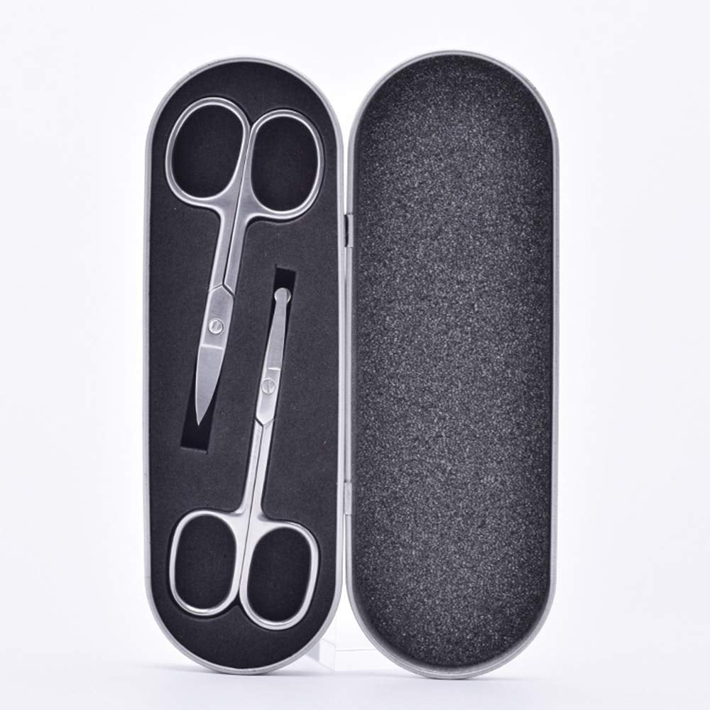 Pinkiou 2 Pieces Curved and Round Facial Nose Hair Scissors for Men Women Stainless Steel Set with Storage Box Moustache Scissor Beard Trimm