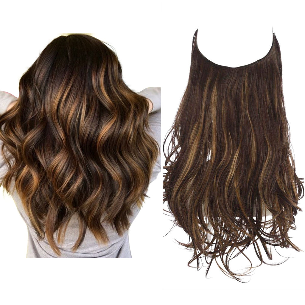 Hair Extensions Wavy Curly Synthetic Long Adjustable Headband Extensions for Women Dark Brown/Golden 18''