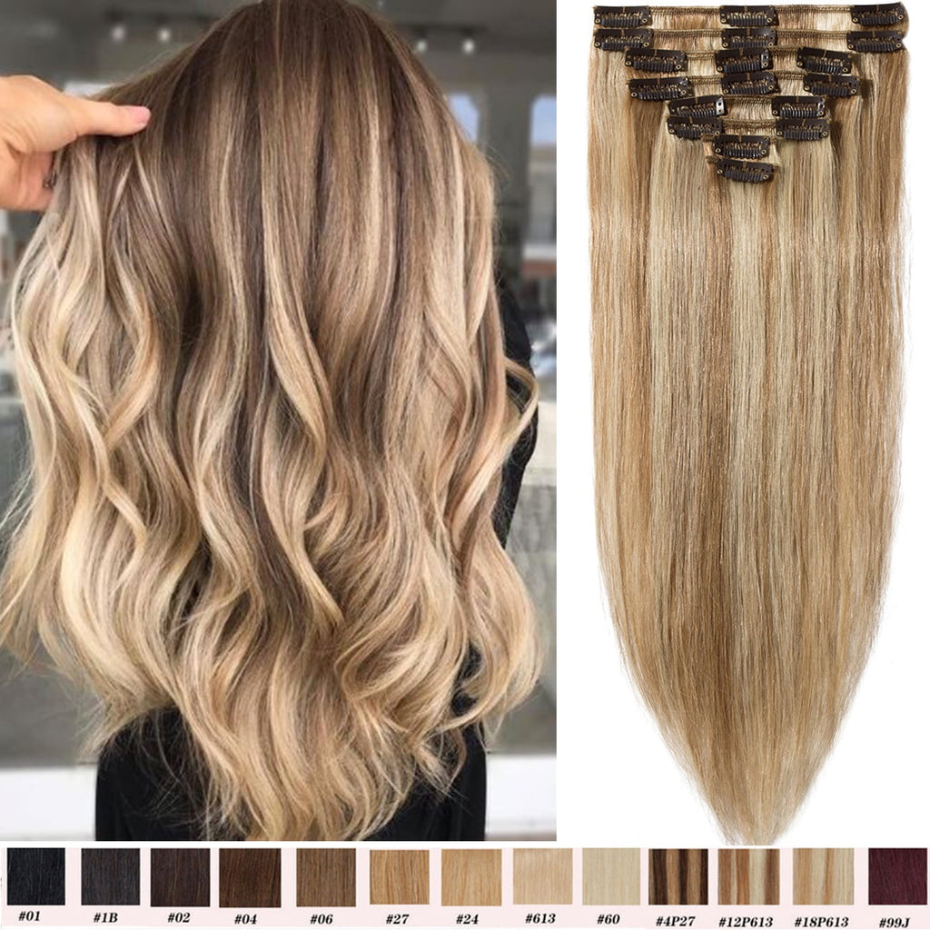 in Hair Extensions Human Hair Full Head 100% Real Remy Thick Hair Extensions Silky Straight Balayage Blonde Hair Pieces