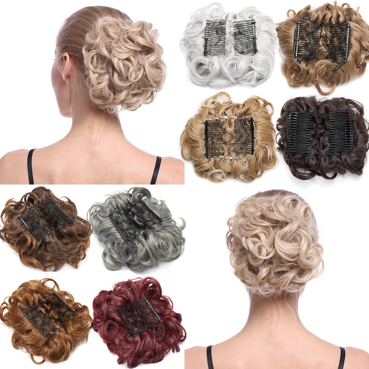 in Messy Bun Hair Piece Wavy Scrunchie Hair Extension Fake Hair Donut Ponytail Comb Stretch Hair Extension for Women ...