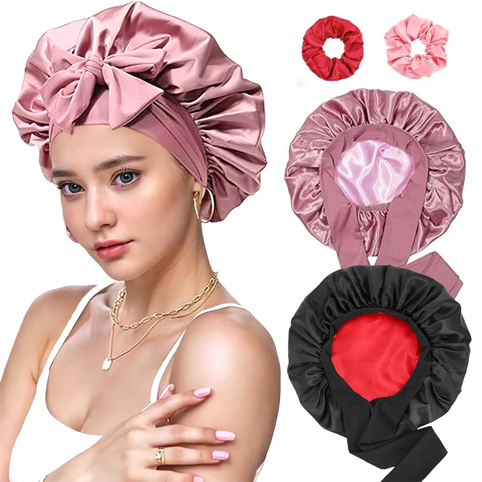 Double Layer Adjustable Tie Band Satin Silk Bonnet Sleep Cap for Sleeping, Double-Sided Color, 2 Pack