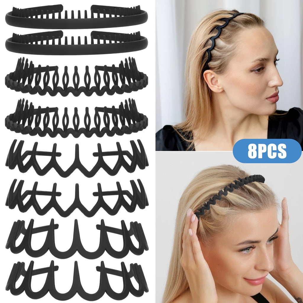 8pcs Plastic Headbands with Teeth, Non-Slip Hair Bands for Women Men, Matte Black
