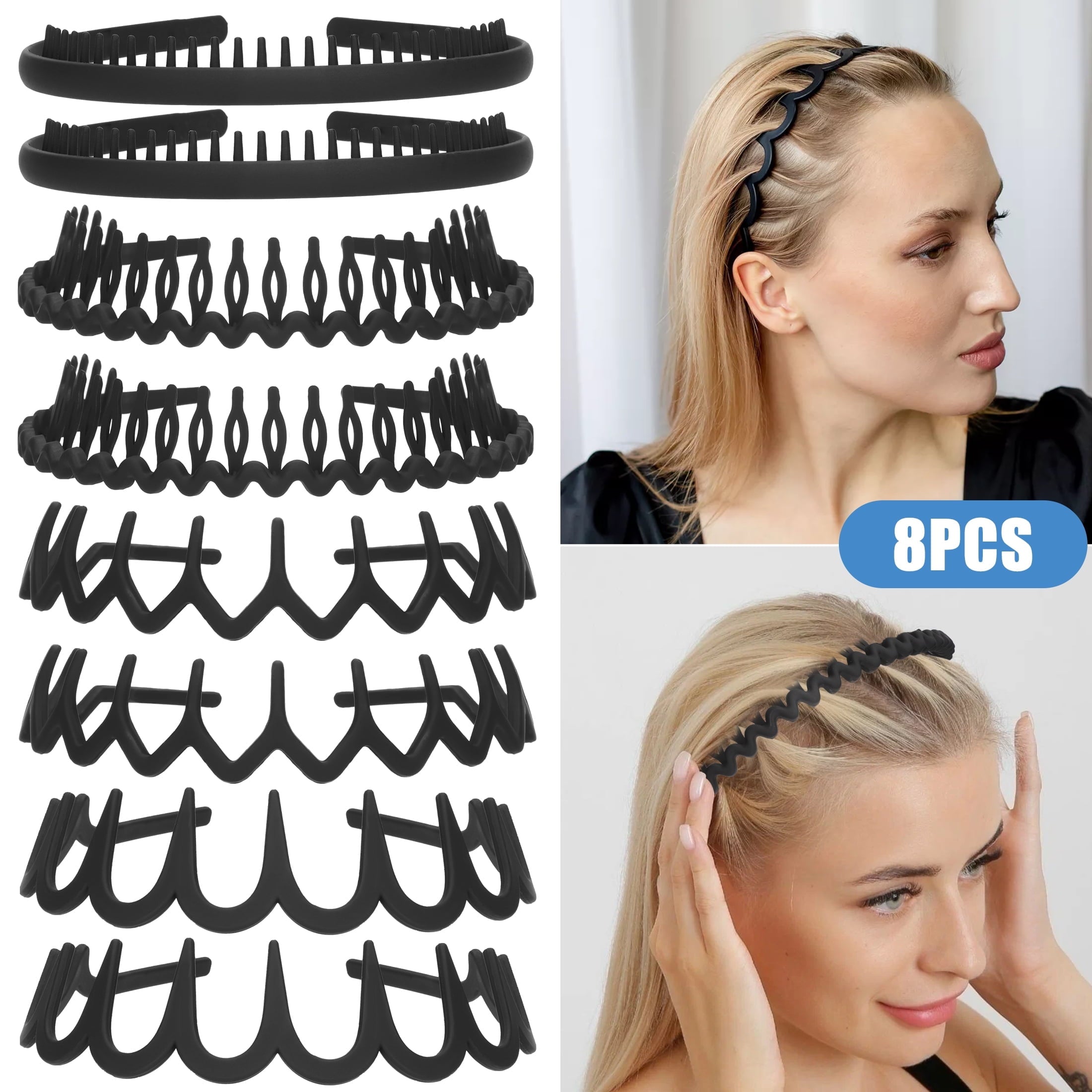 8pcs Plastic Headbands with Teeth, Non-Slip Hair Bands for Women Men, Matte Black