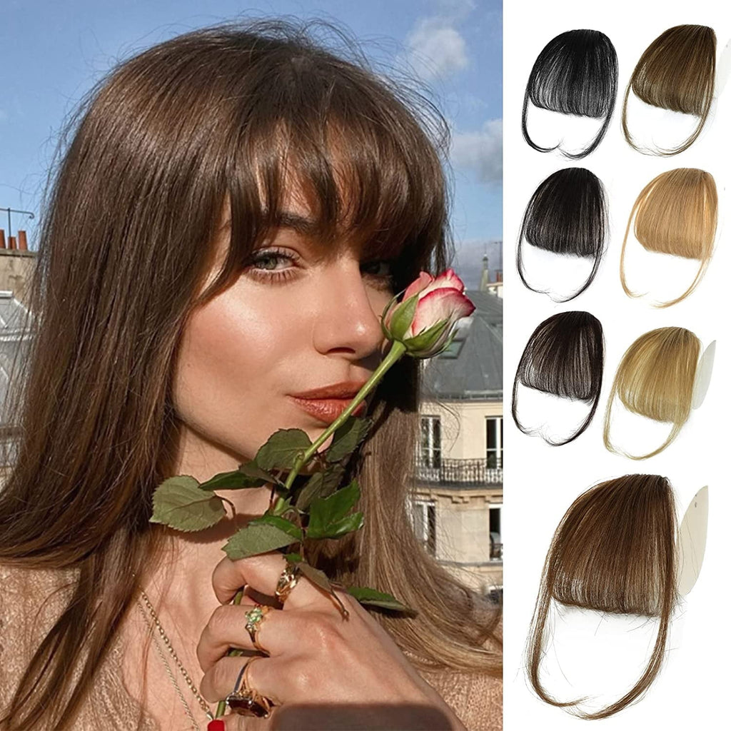 in Bangs - 100% Human Hair Bangs in Hair Extensions, Medium Brown Color #4 on Bangs Wispy Bangs Fringe with Temples H...