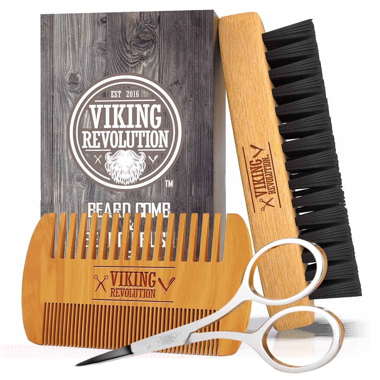Beard Comb & Beard Brush Set for Men - Natural Boar Bristle Brush and Dual Action Pear Wood Comb with Velvet Travel P...