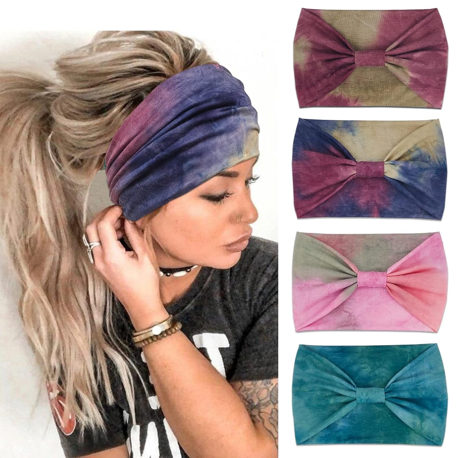For Women Knotted Headband African Women’s Head Wraps Stretchy Turban Hair Accessories Bands Tie Dye 4 Pack