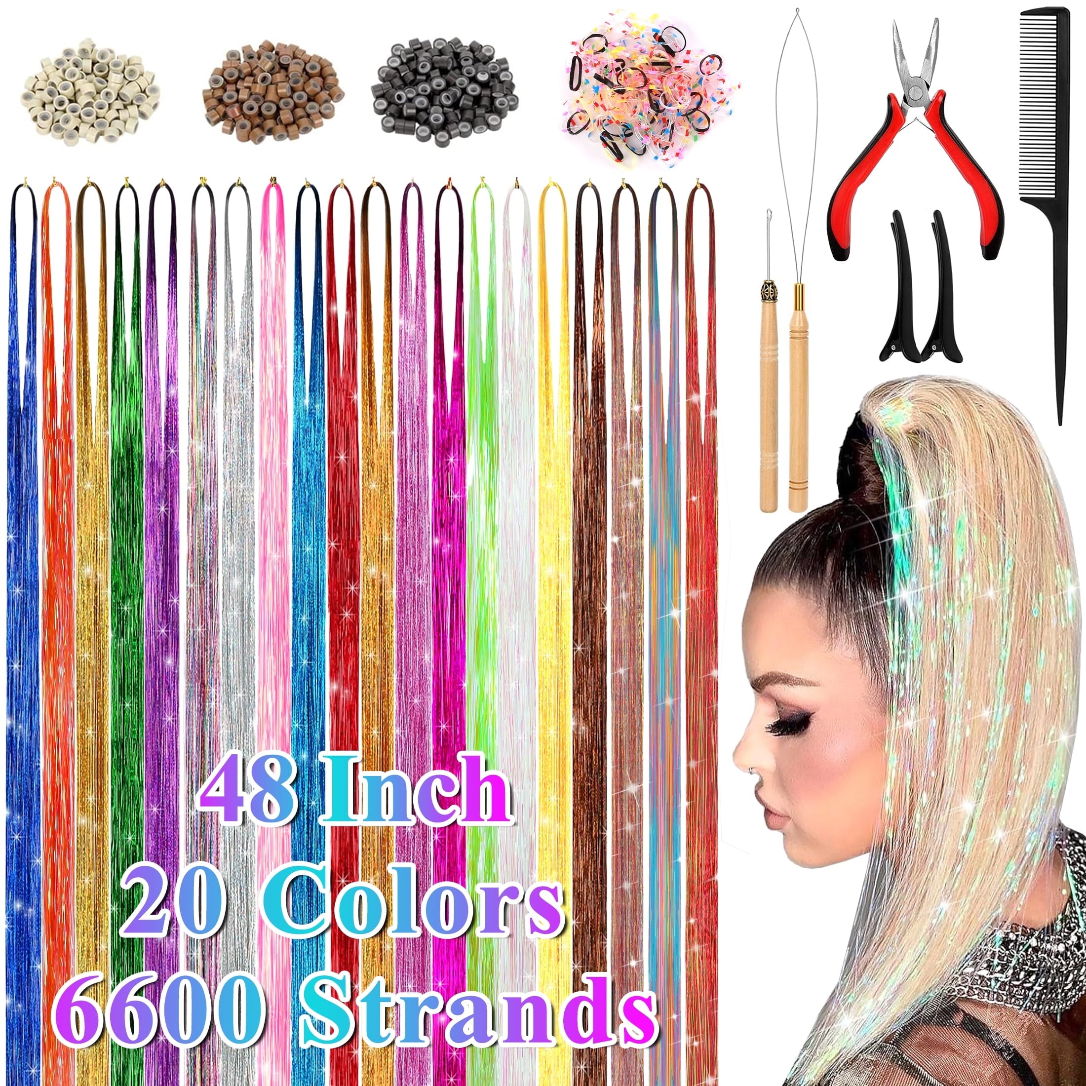 20 Hair Tinsel Kit, 48 Inch 6600 Strands Glitter Fairy Hair Tinsel Extensions with Tools, Heat Resistant Holographic ...