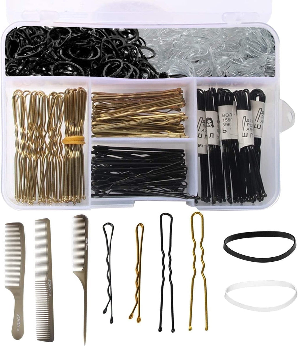 ZYNERY 320 Pcs Bobby Pins & Hair Bands Set Including 100 Bobby Pins, 100 U Shape Hair Pins, 120 Pcs Hair Bands and 3 Hair Combs with Storage