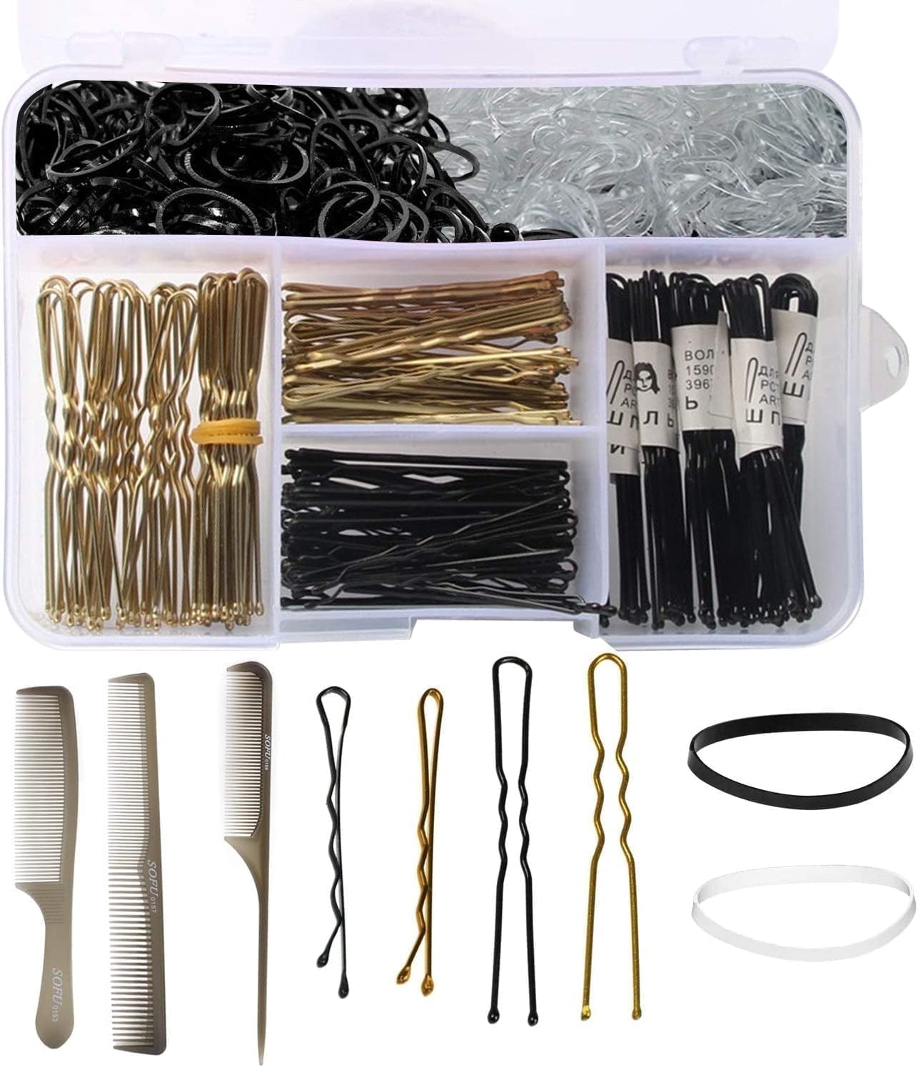 ZYNERY 320 Pcs Bobby Pins & Hair Bands Set Including 100 Bobby Pins, 100 U Shape Hair Pins, 120 Pcs Hair Bands and 3 Hair Combs with Storage