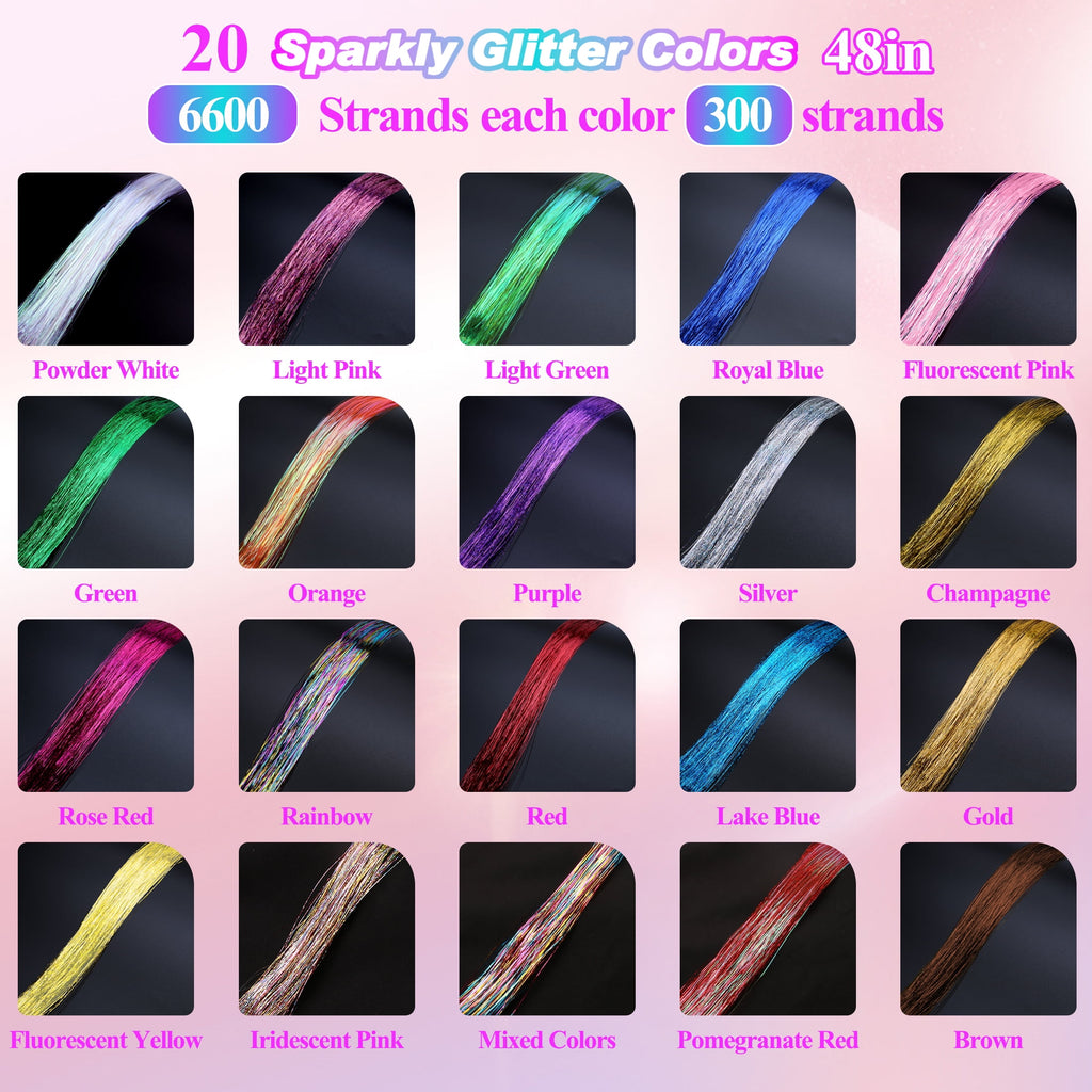 20 Hair Tinsel Kit, 48 Inch 6600 Strands Glitter Fairy Hair Tinsel Extensions with Tools, Heat Resistant Holographic ... - Image 3