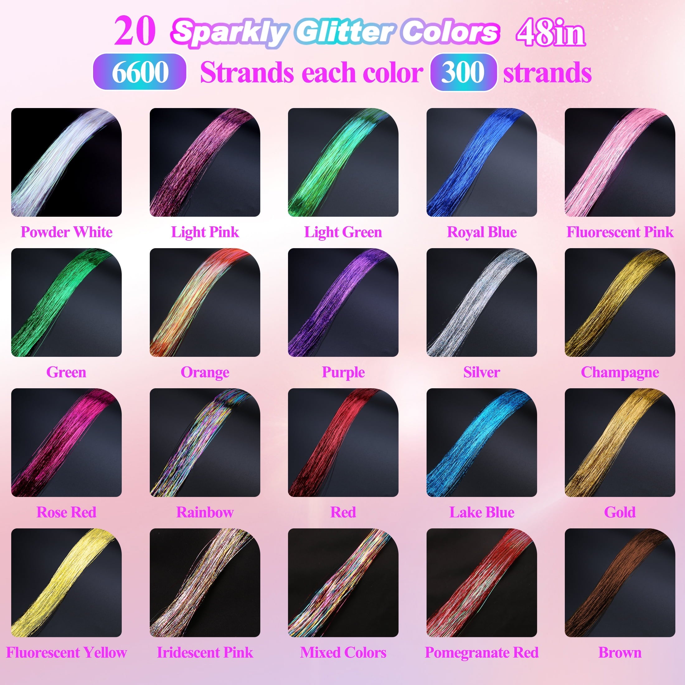 20 Hair Tinsel Kit, 48 Inch 6600 Strands Glitter Fairy Hair Tinsel Extensions with Tools, Heat Resistant Holographic ... - Image 3