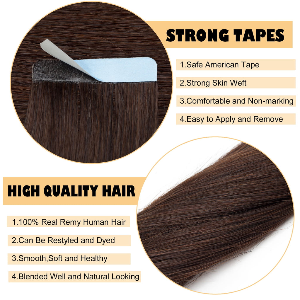 In 100% Real Remy Human Hair Extensions 18inch Seamless Skin Weft Thick Glue Straight Women Brown 10-20pcs - Image 4