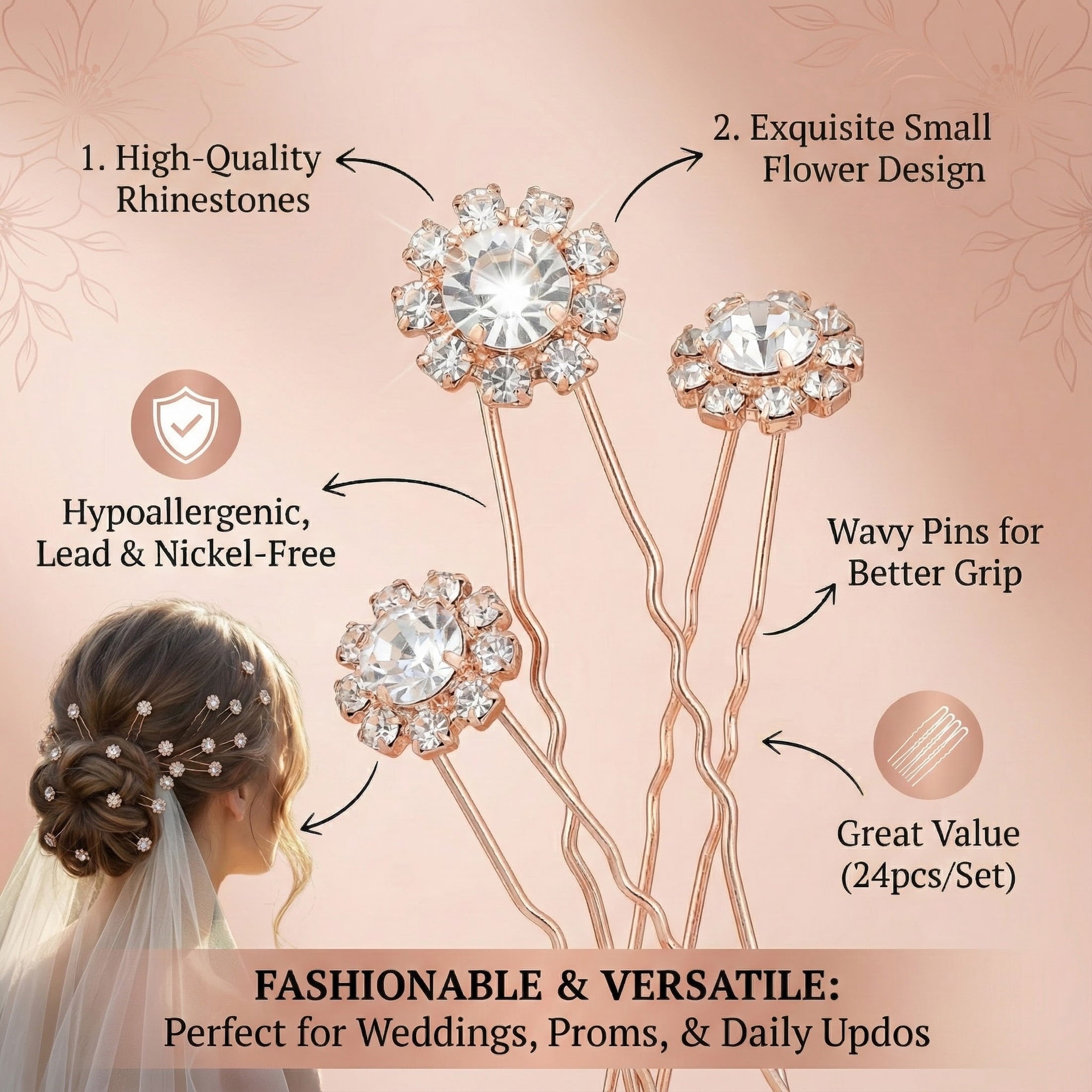 Miallo Rose Gold Bobby Pins 24pcs, Cute Hair Clips for Thick Hair, Trendy Metallic Hair Accessories Gift for Girls & Women - Image 3