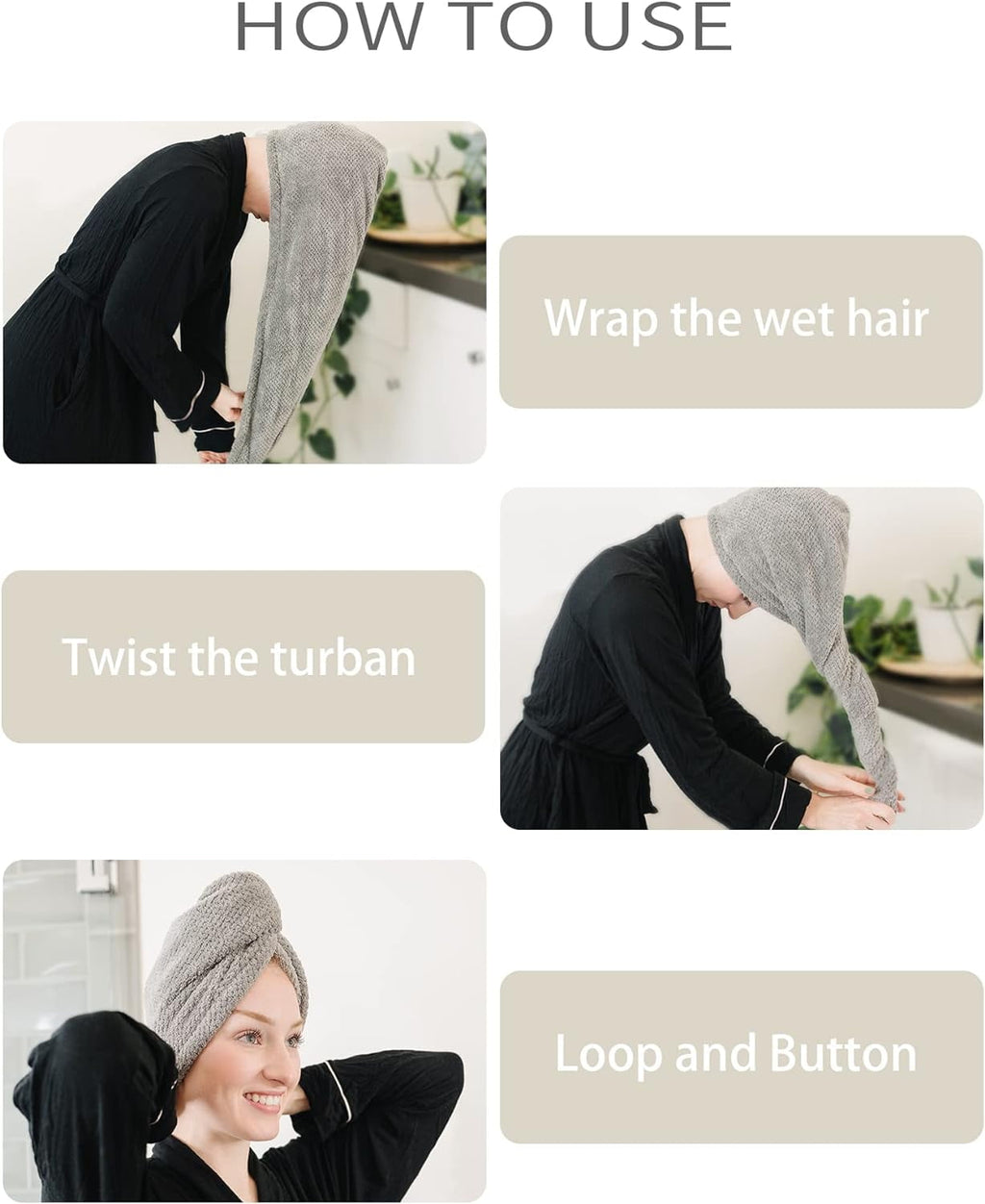 Extra Large 4 Pack Microfiber Hair Towel Wrap for Women Super Absorbent & Quick Dry Hair Drying Towels with Button, H... - Image 6