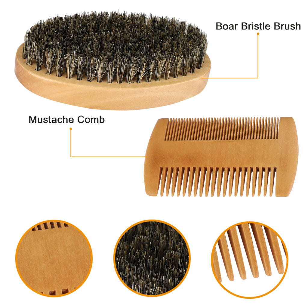 TSV Beard Brush and Mustache Comb Kit for Men, Boar Bristle Beard Brush, Wooden Grooming Comb, Bag Included - Image 2