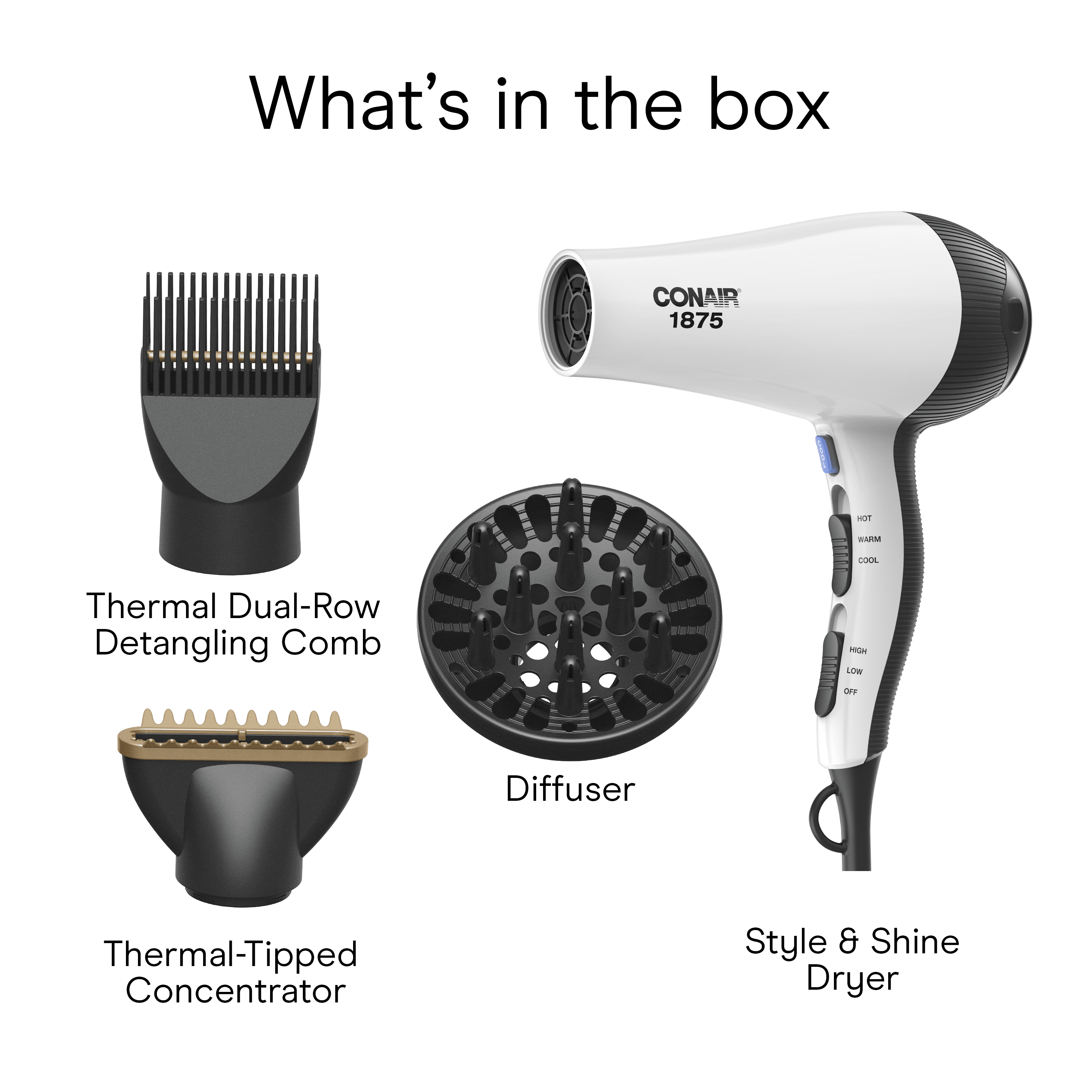 & Shine Hair Dryer, 1875 Watts, Diffuser, Concentrator & Detangler Attachments - Image 2