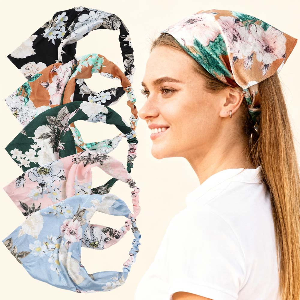 5 Pack Floral Hair Scarf Boho Head Kerchief Elastic Head Bandana Chiffon Triangle Headbands Hair Accessories for Women - Image 2