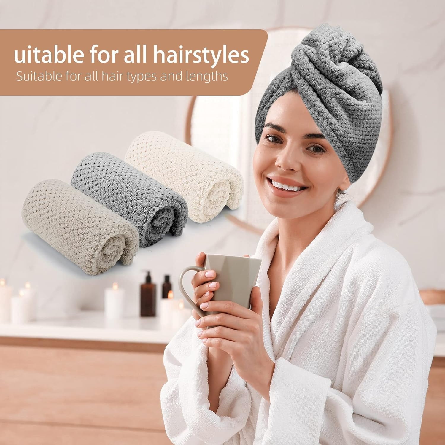 3 PCS Microfiber Hair Towel - Wraps for Wet Hair, Anti Frizz Turbans, for Curly Hair (Pink, Blue, Grey) - Image 6