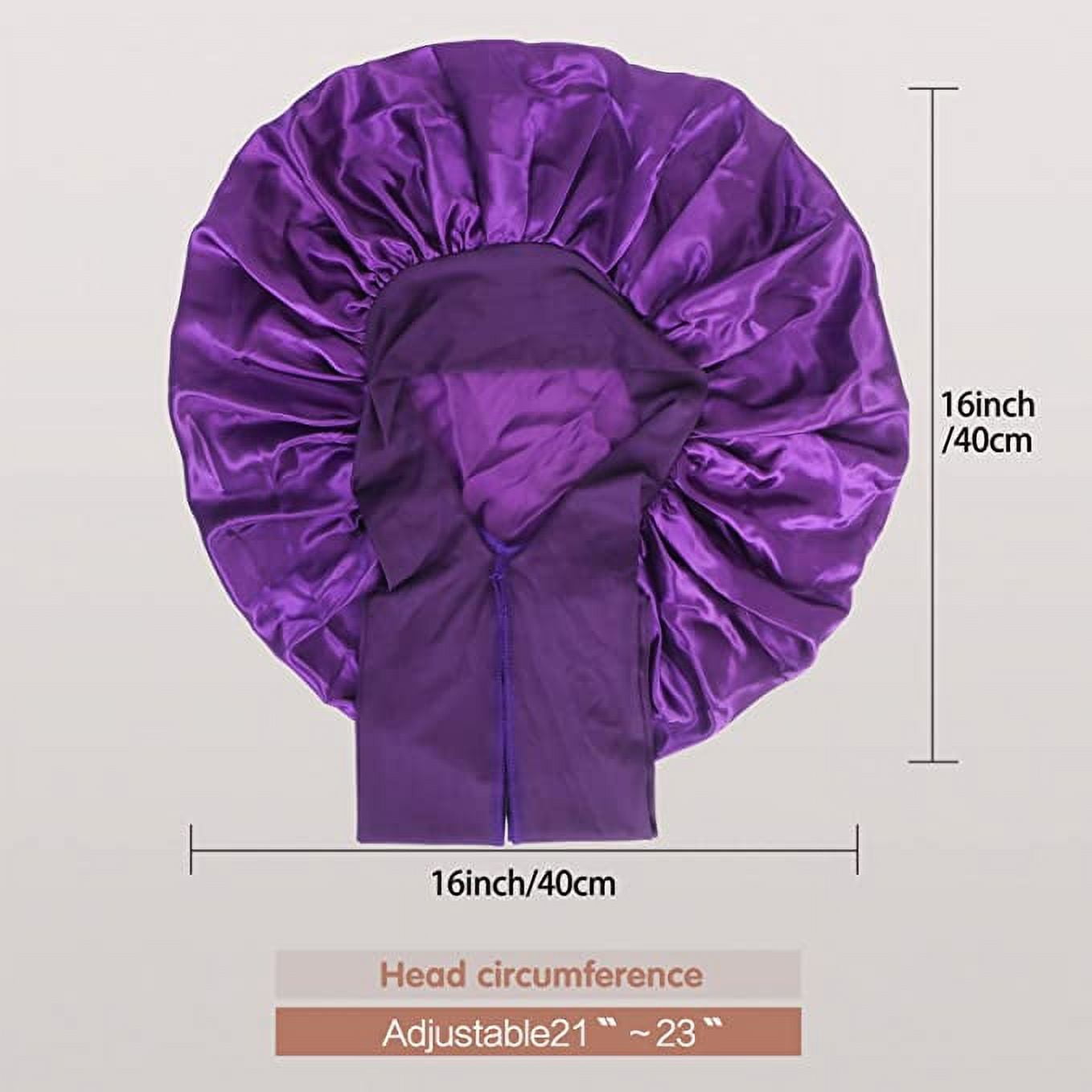 [Pack of 2 Satin Sleeping Bonnet, Large Satin Sleep Bonnet with Long Strap, Adjustable Sleep Cap Hair Bonnet for Women & Men, Black+Purple - Image 6
