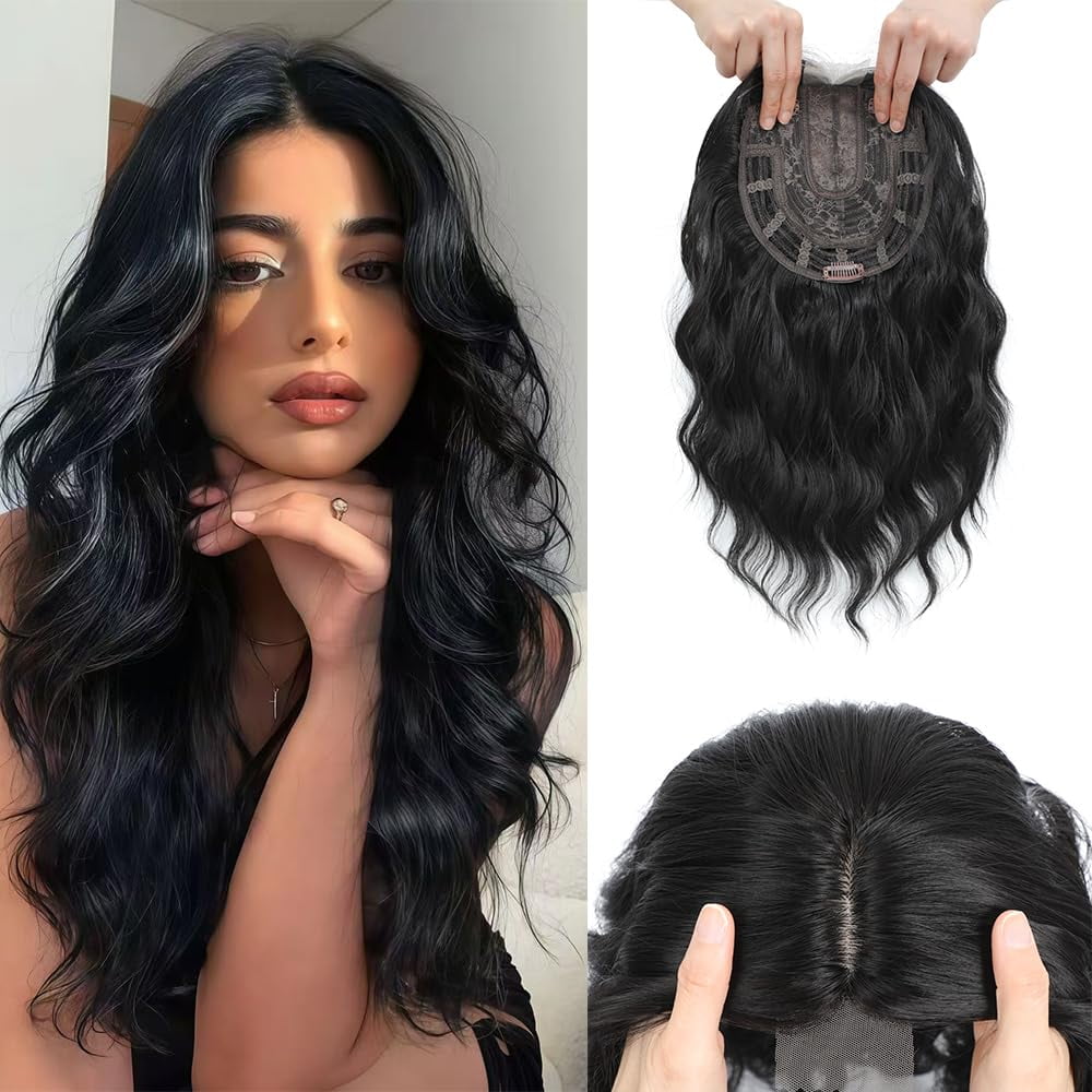 24 Inch Wavy Hair Toppers Long Curly Hair Pieces with 6“ ×6.5” Large Base Central Lace Clip In Hair Extensions for Wo... - Image 3