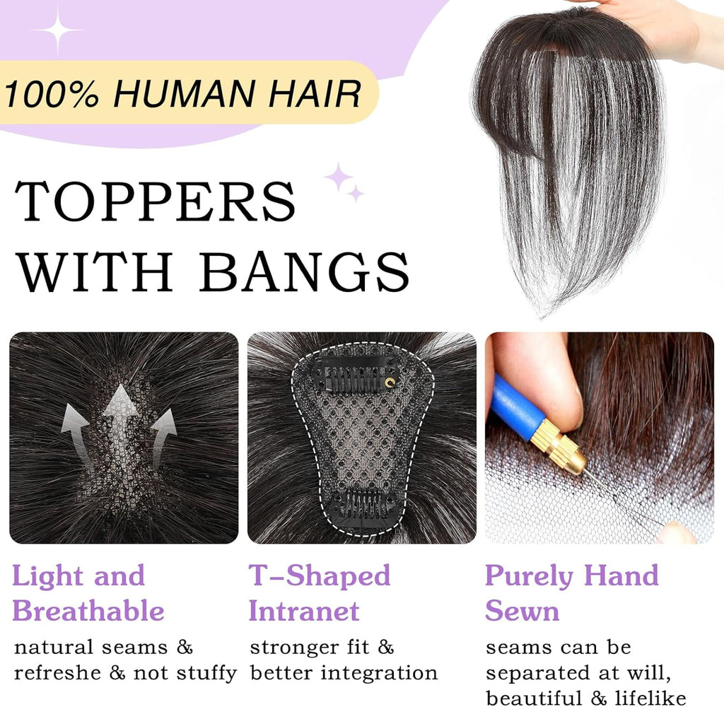 The Clip in Bangs 100% Real Human Hair Toppers Wispy Bangs 360°3D Cover Bangs Hair Clip Fake Bangs Hair Extensions for Women Hair Pieces Cli - Image 3