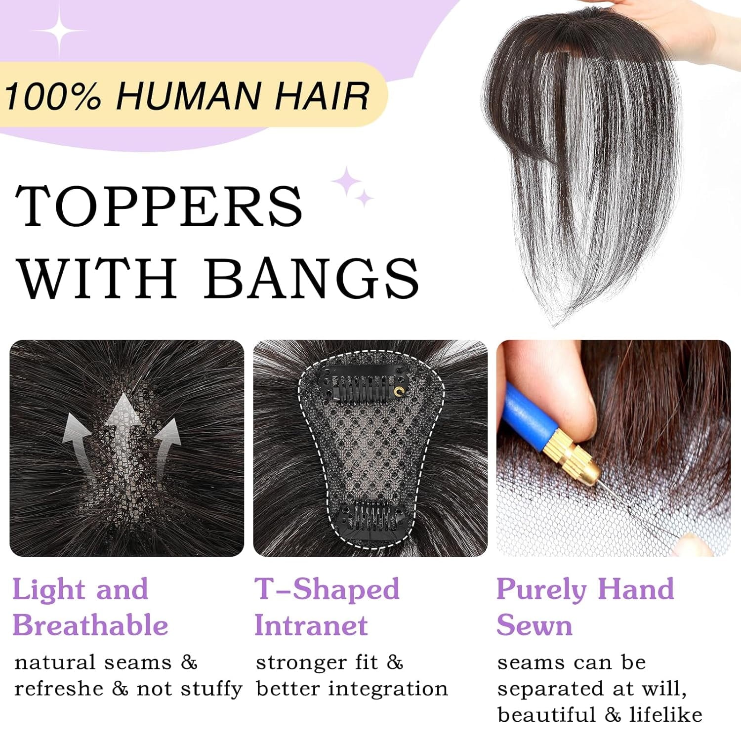 The Clip in Bangs 100% Real Human Hair Toppers Wispy Bangs 360°3D Cover Bangs Hair Clip Fake Bangs Hair Extensions for Women Hair Pieces Cli - Image 3
