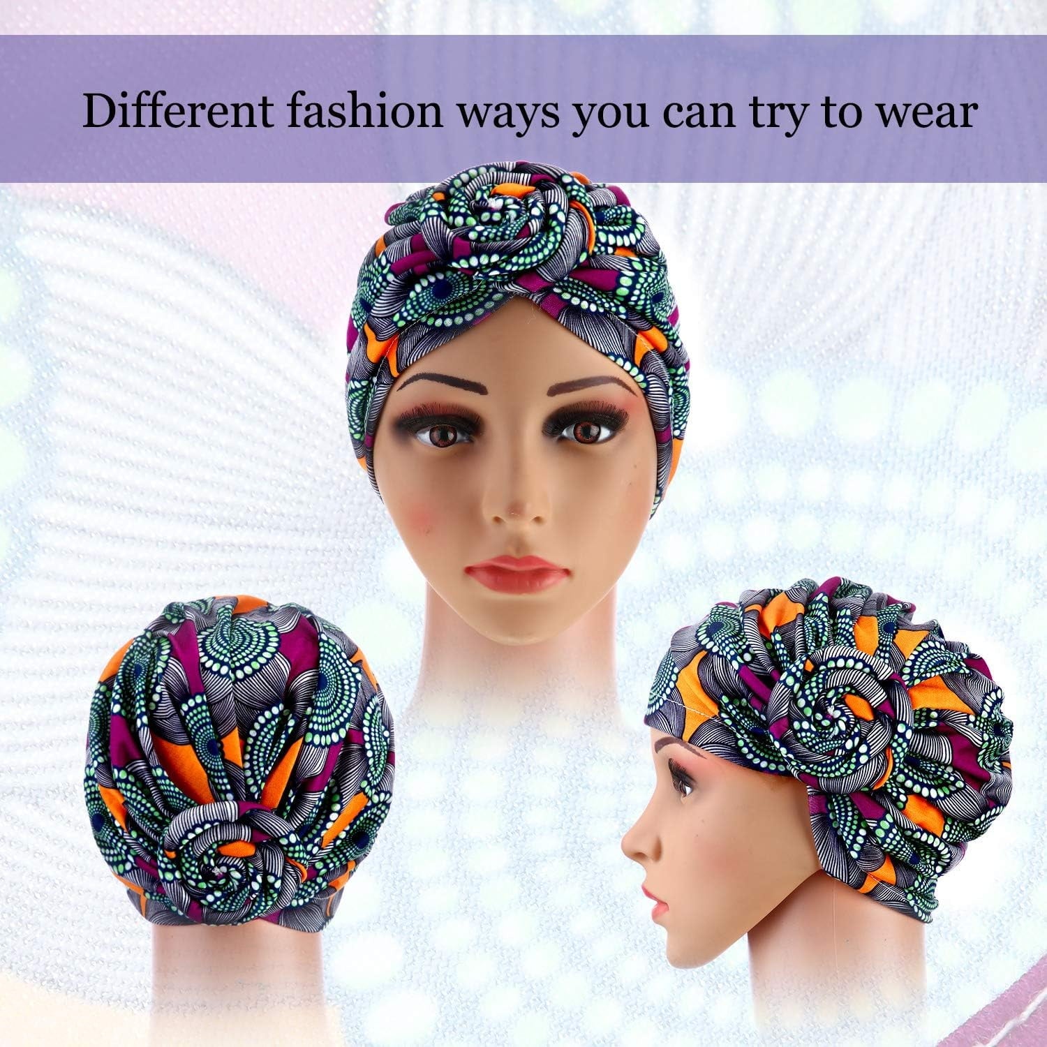 6 Pack Women Turbans African Pattern Knot Headwrap Bohemian Print Pre Tied Flower Knot Bet Hat for Women Girls - Image 4
