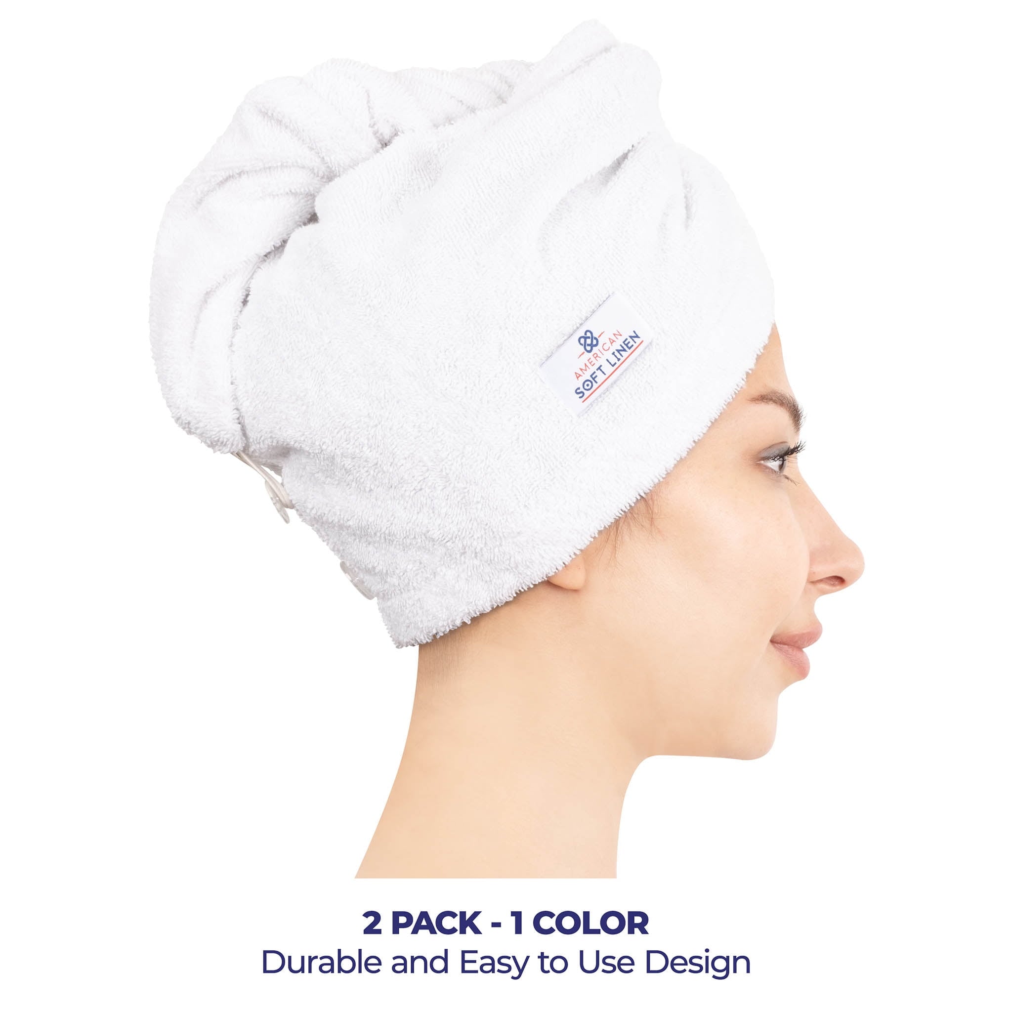 100% Cotton Turkish Hair Drying Towels, 2 Piece Quick Drying Hair Turban Towel Wrap, White - Image 5