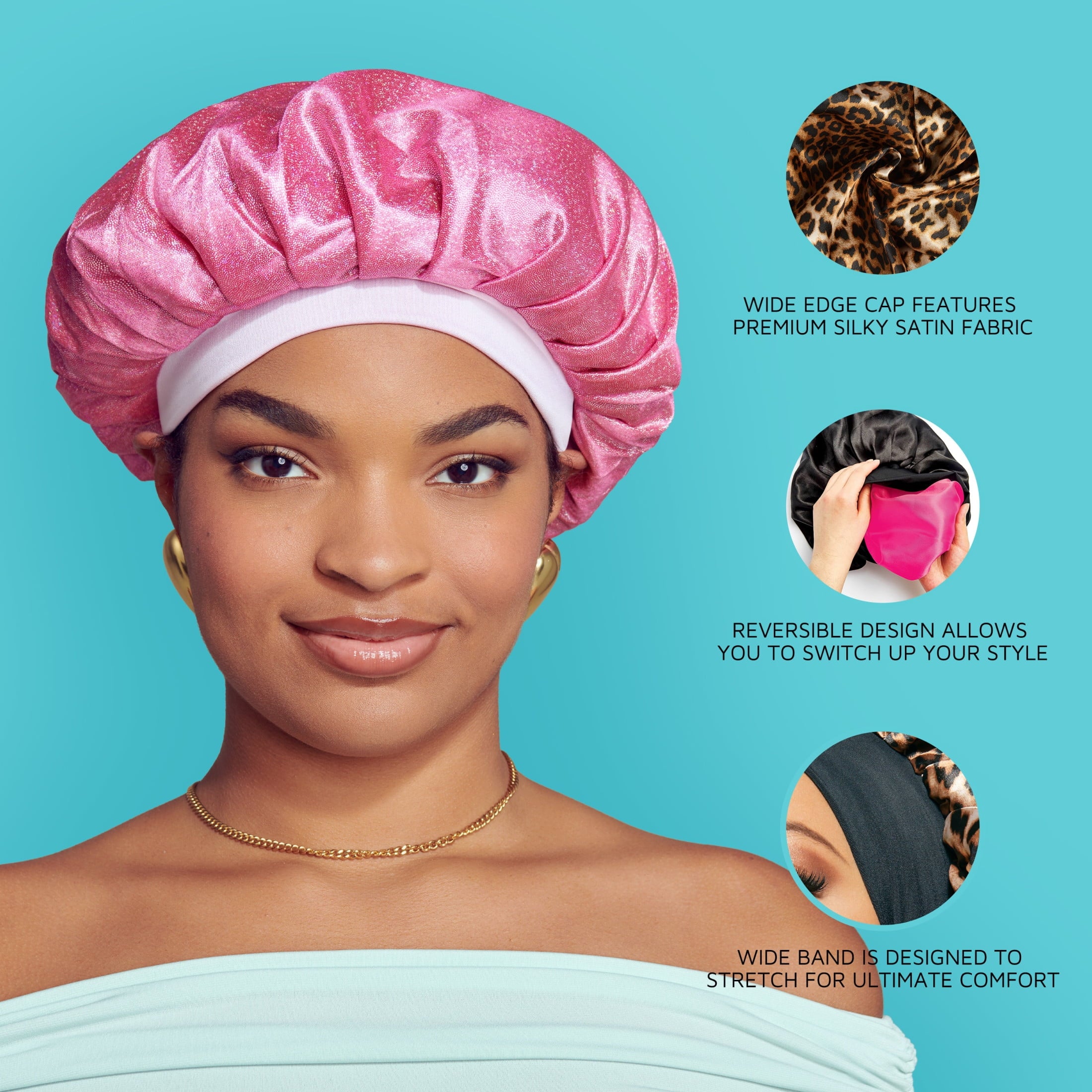Silky Satin Reversible Hair Bonnet Cap, Wide Edge, XL, Black - Image 4