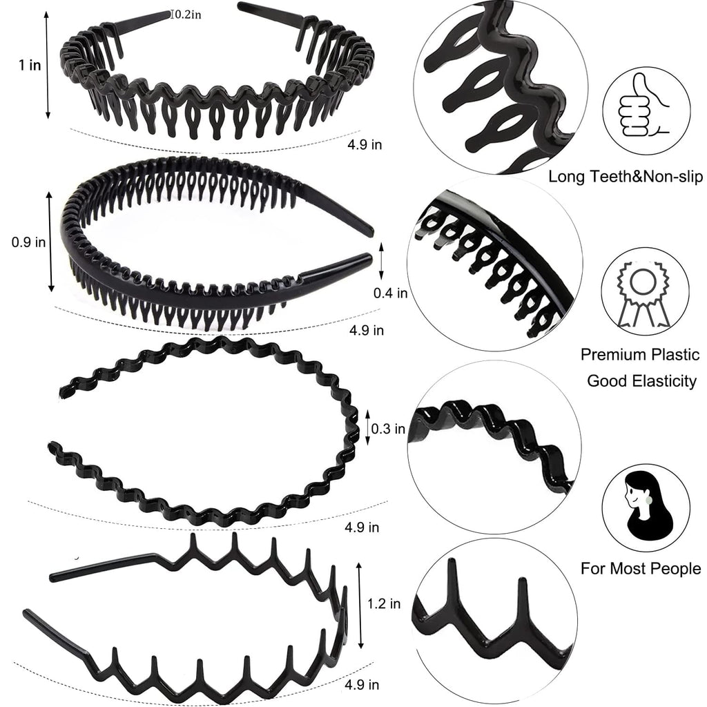 8-Pack Grip Headbands with Comb Teeth - Classic Black Skinny Plastic Headbands for Women & Men, Secure Hold Hair Acce... - Image 5