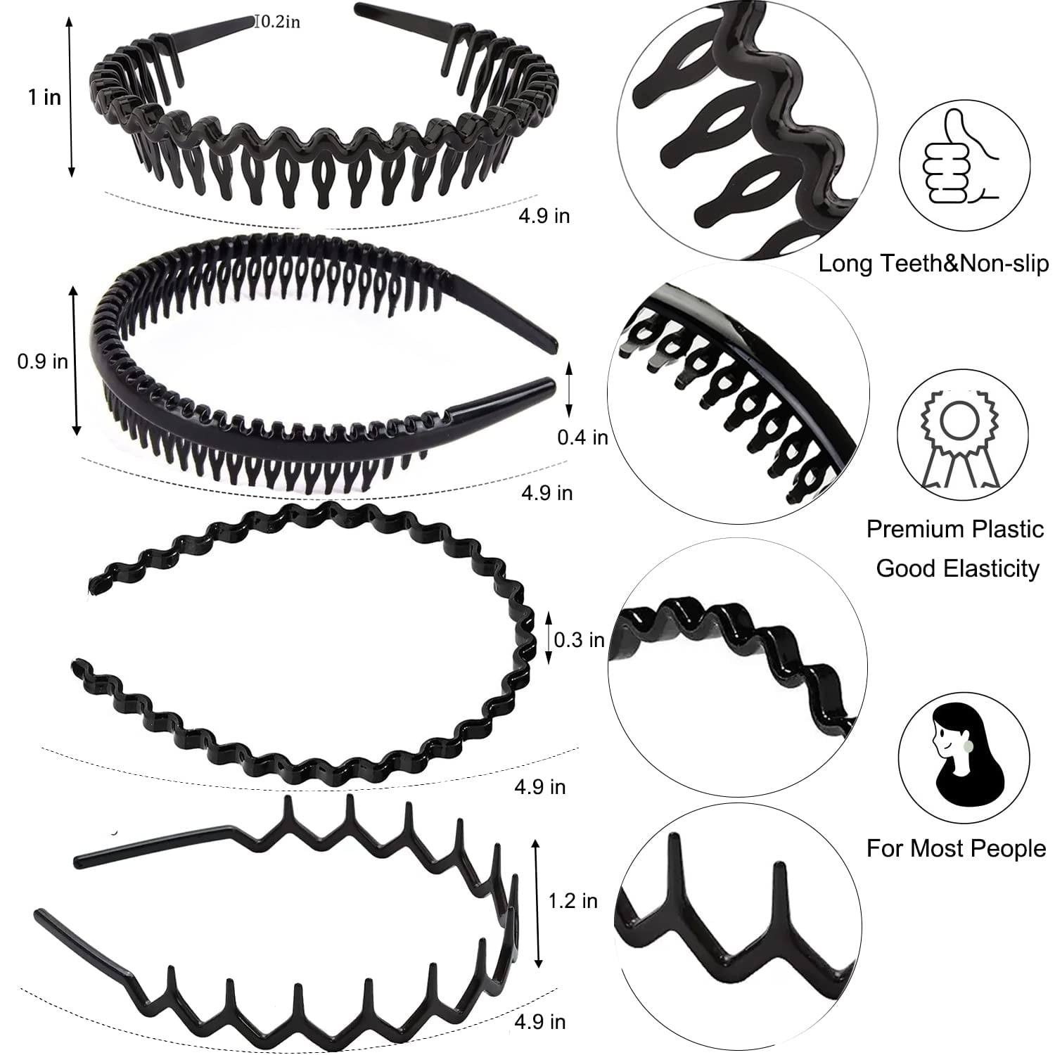 8-Pack Grip Headbands with Comb Teeth - Classic Black Skinny Plastic Headbands for Women & Men, Secure Hold Hair Acce... - Image 5