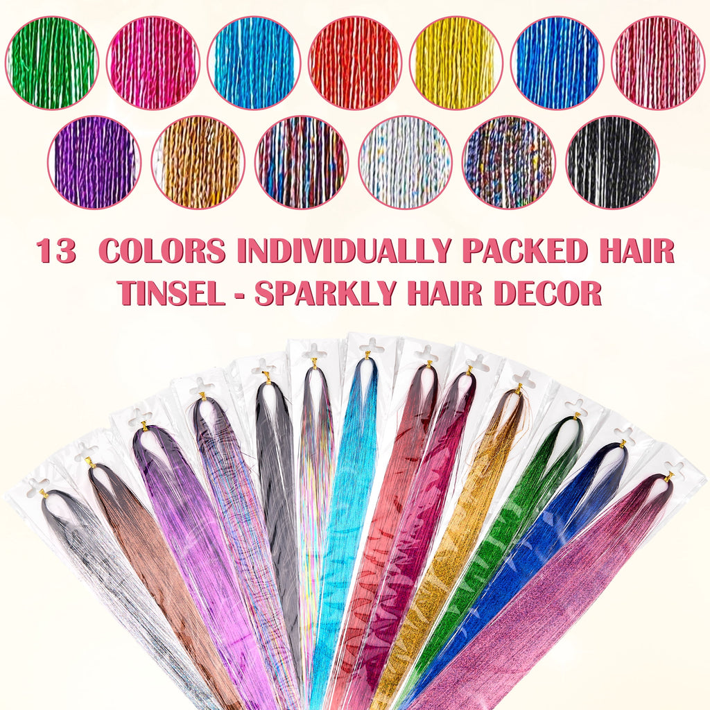 13 Colors Hair Tinsel Kit, 48 Inch 6600 Strands Glitter Fairy Hair Tinsel Extensions with Tools, Heat Resistant Holographic Hair Accessories - Image 2