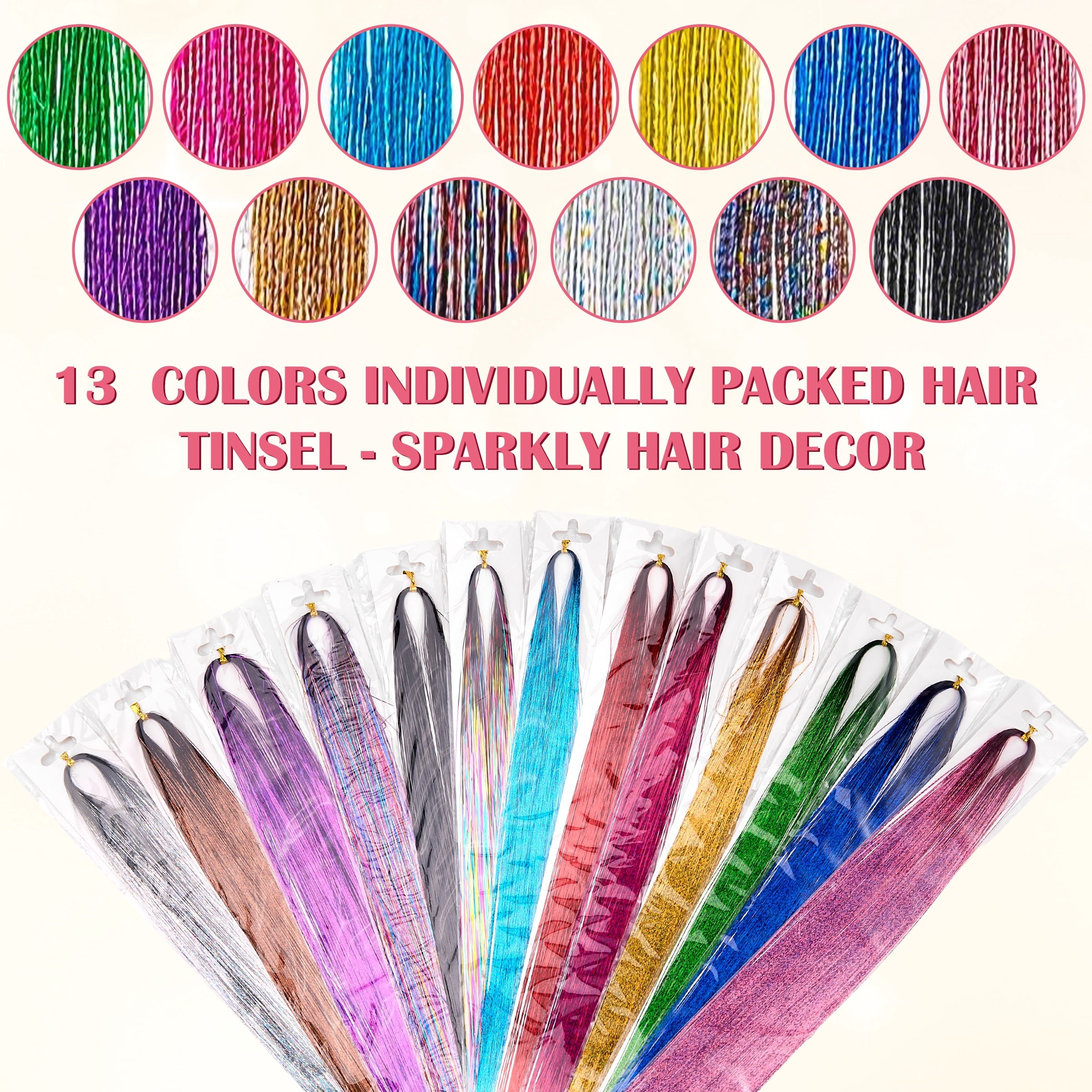 13 Colors Hair Tinsel Kit, 48 Inch 6600 Strands Glitter Fairy Hair Tinsel Extensions with Tools, Heat Resistant Holographic Hair Accessories - Image 2