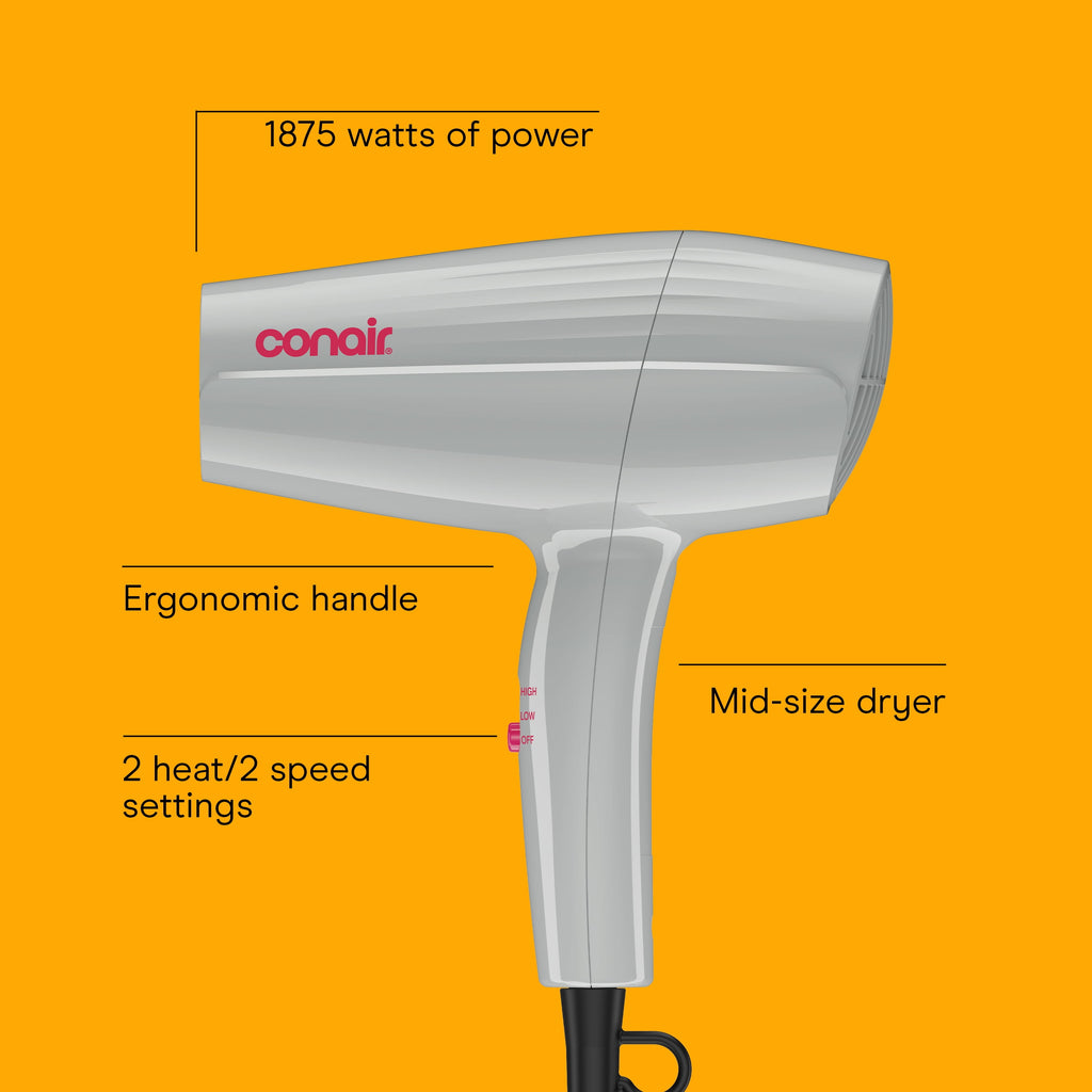 Conair Mid-Size Hair Dryer, 1875 Watts, 2 Heat & Speed Settings, with 2 Attachments - Image 2