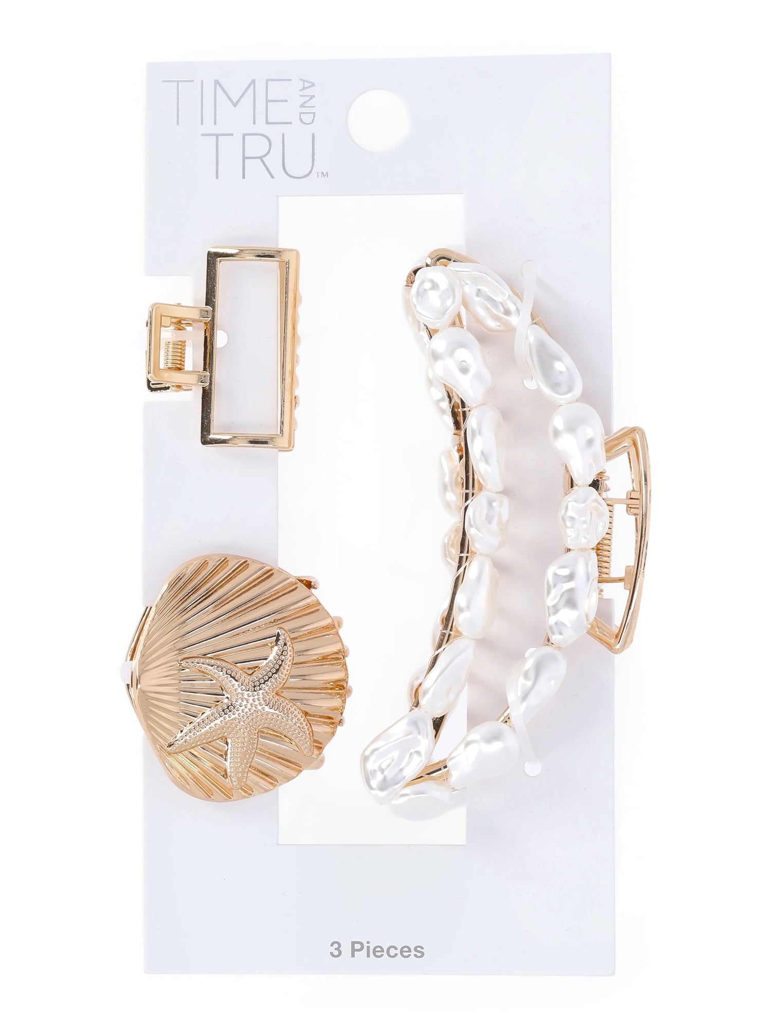 Time and Tru Women's Gold Tone Metal Claw Clip Set with Faux Pearl Embellishments, 3-Piece - Image 4