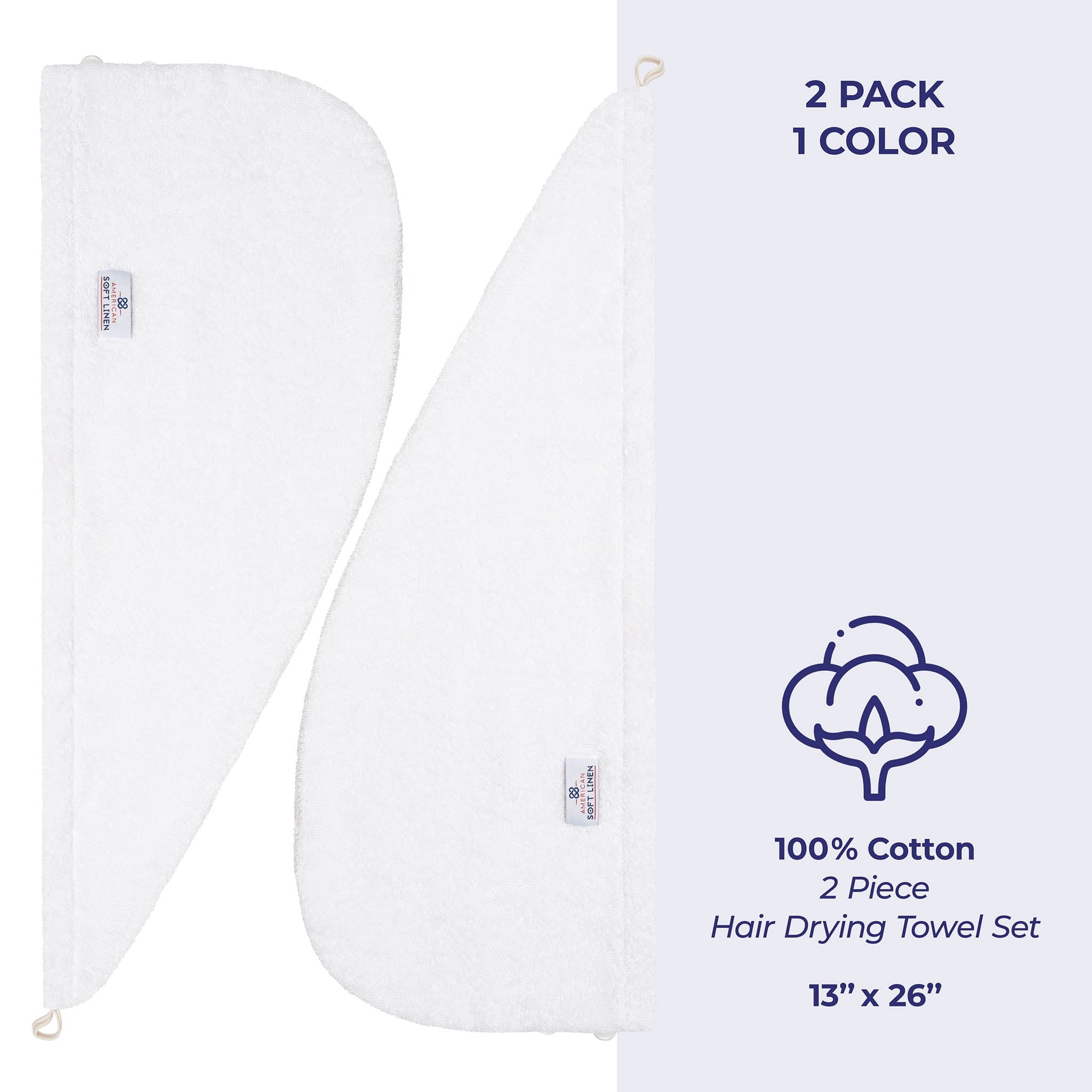 100% Cotton Turkish Hair Drying Towels, 2 Piece Quick Drying Hair Turban Towel Wrap, White - Image 3