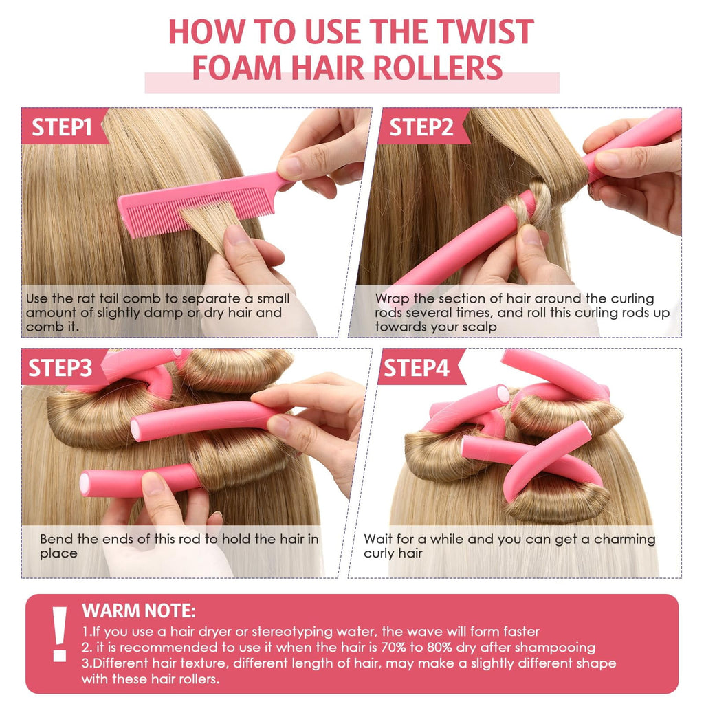 60-Pack Rods, No Heat Hair Curlers Rollers for Long & Short Hair, Twist Flexi Set (Pink, 0.3 x 7 Inch) - Image 4