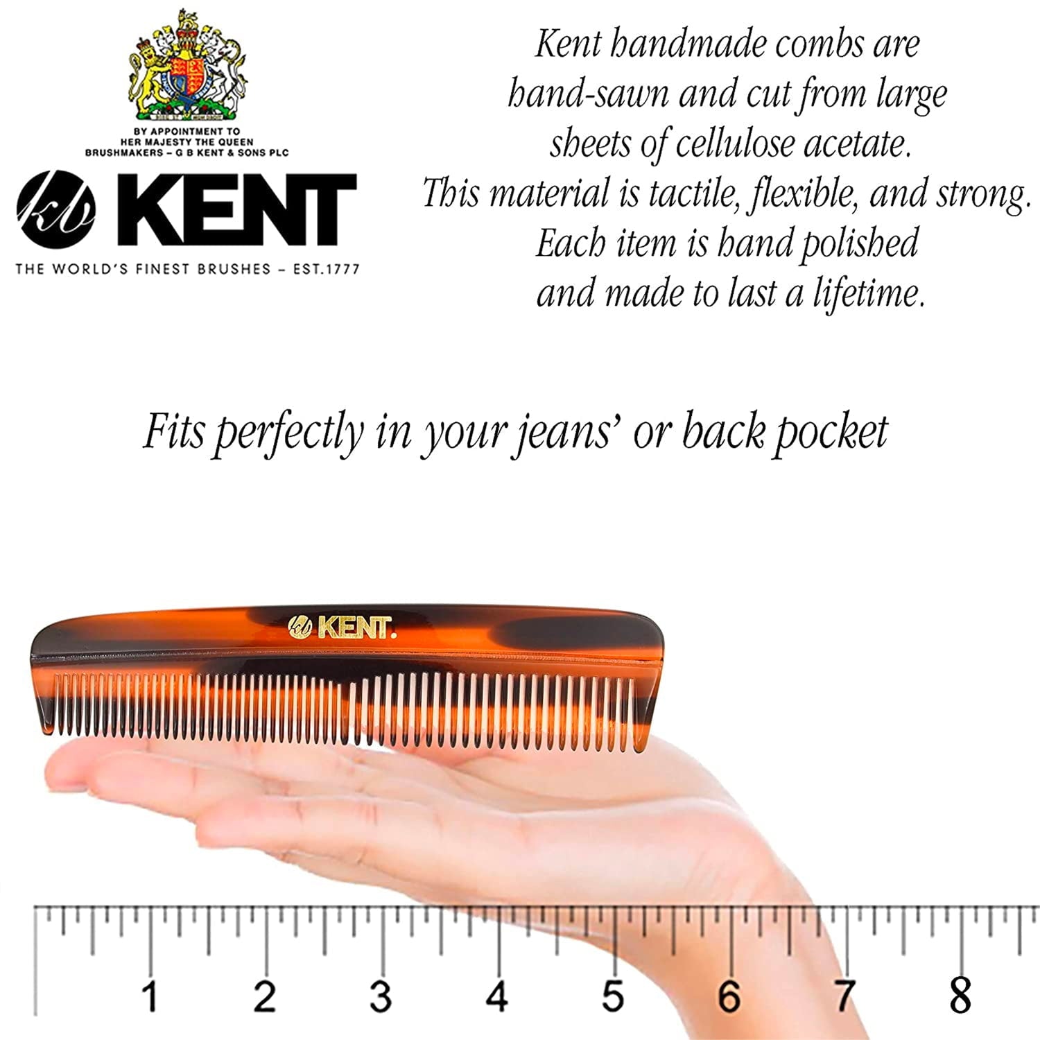 Kent R7T Fine and Wide Tooth Hair Comb, Handmade Pocket Comb for Men, Best Beard Comb and Mustache Comb for Everyday Grooming and Styling, S - Image 3