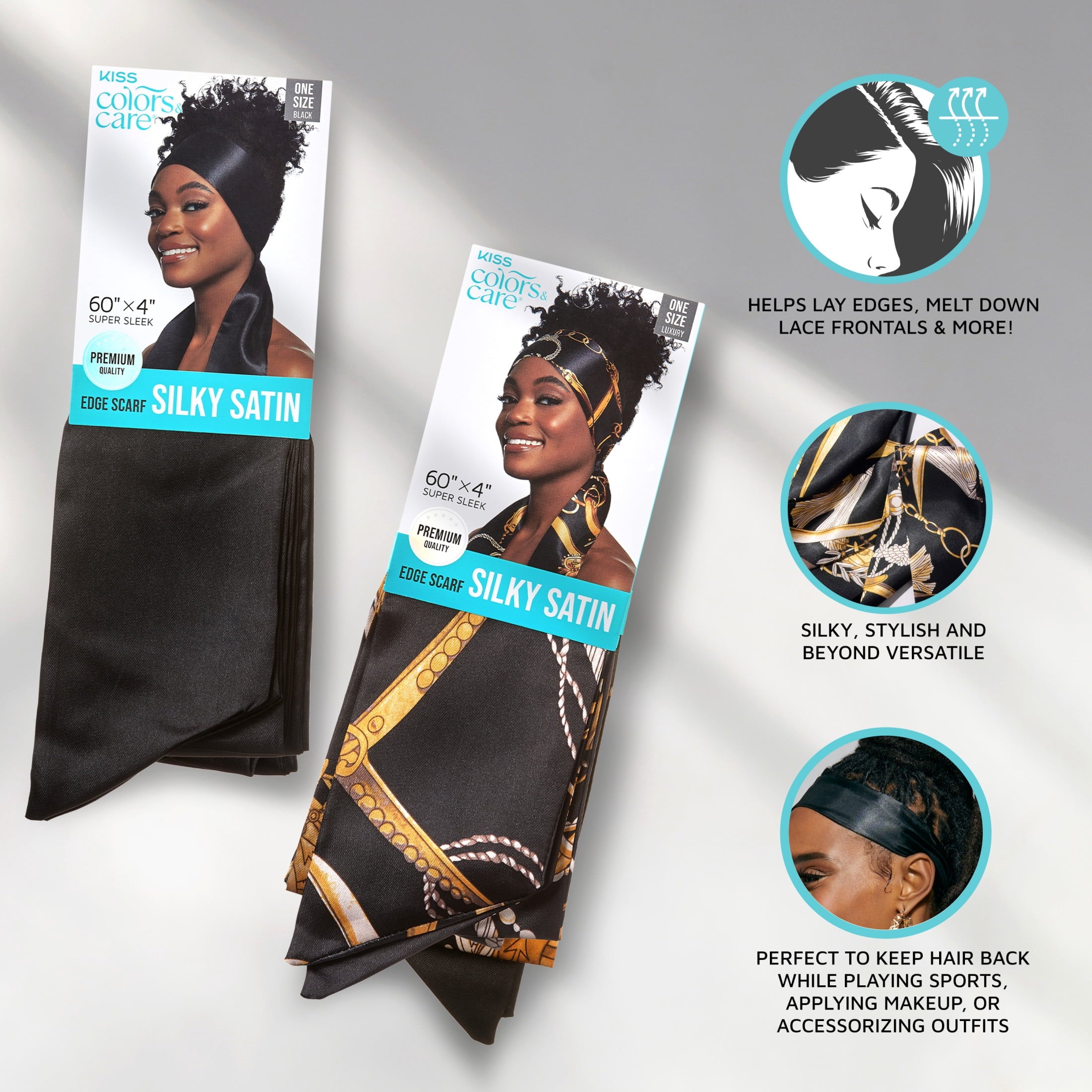(2 pack) KISS Colors & Care Silky Satin Edge Scarf, Adult, Solid Black Pattern, Size 60" x 4", 1 Piece - Image 6