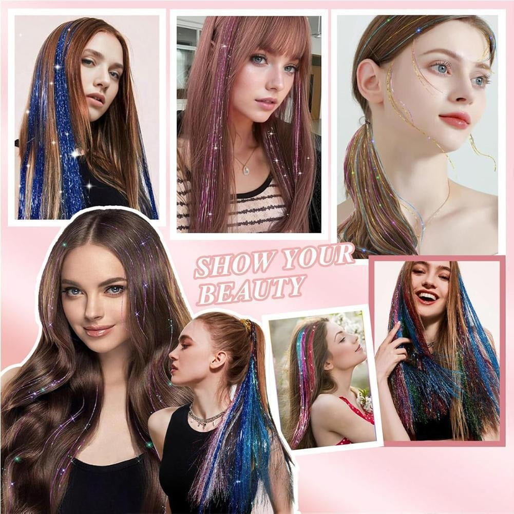 Hair Tinsel 12Pcs Clip in Rainbow Hair Accessories 20 Inch Fairy Hair Tinsel Kit for Women Girls Kids Glitter Extensions for Christmas Hallo - Image 2