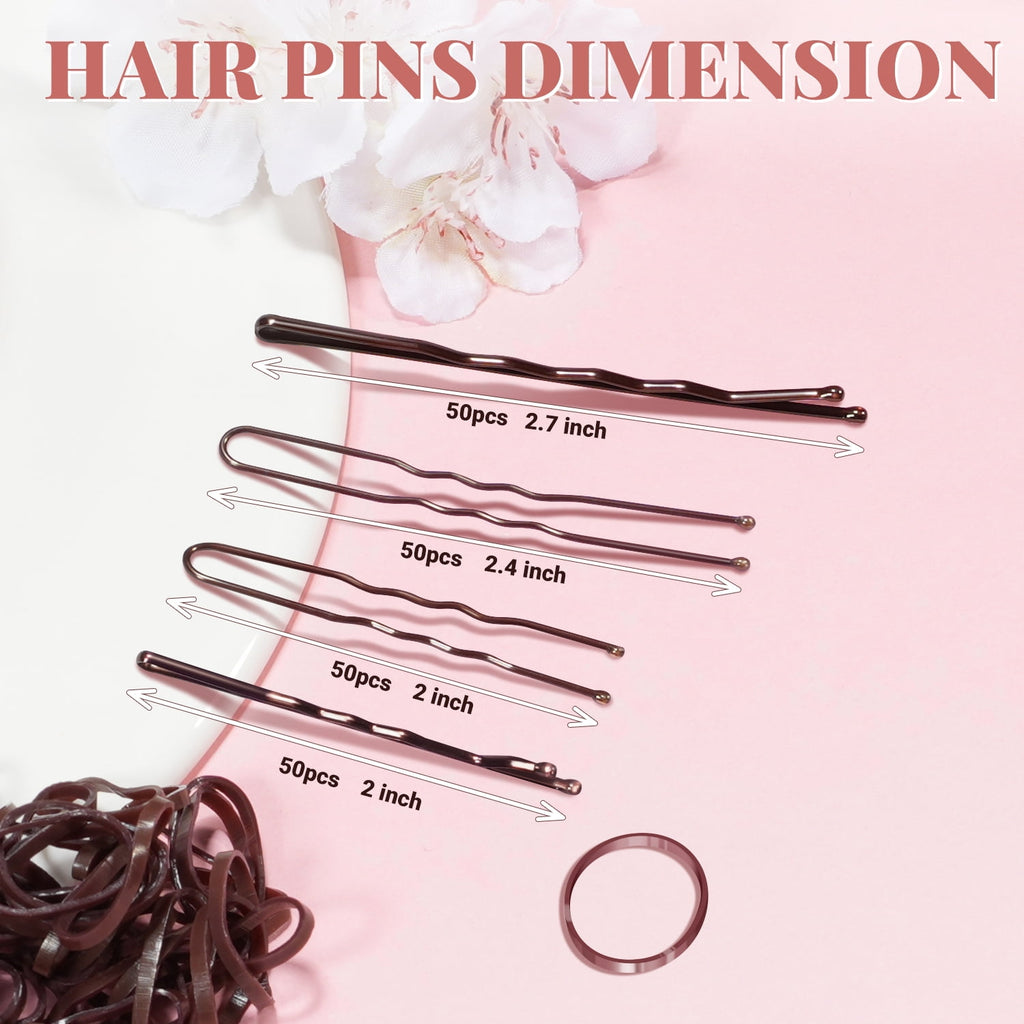 MORGLES 415 Pcs Bobby Pins & Hair Ties Kit, 200 Rubber Bands Brown & Clear 100 Bobby Pins 100 U-Shaped Pins 10 Hair Nets 5 Cotton Ties for B - Image 6