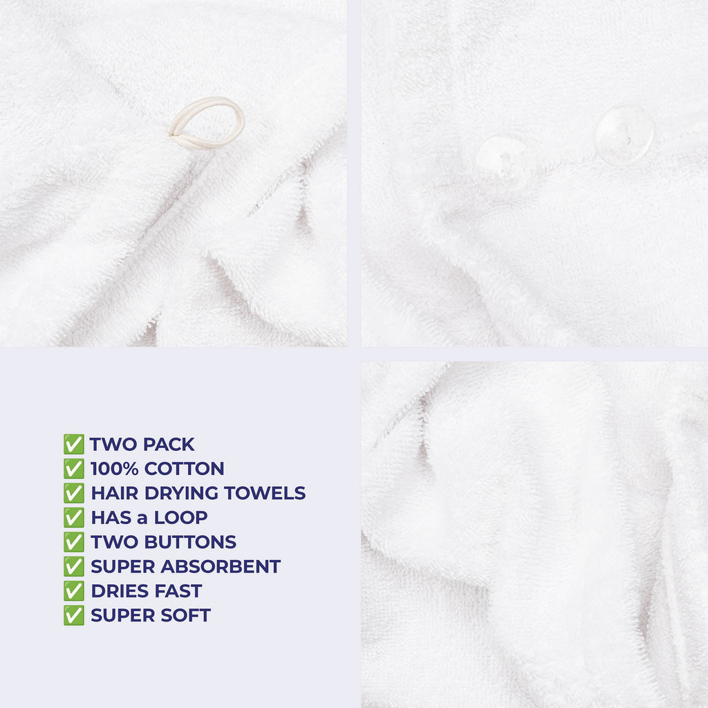 100% Cotton Turkish Hair Drying Towels, 2 Piece Quick Drying Hair Turban Towel Wrap, White - Image 6