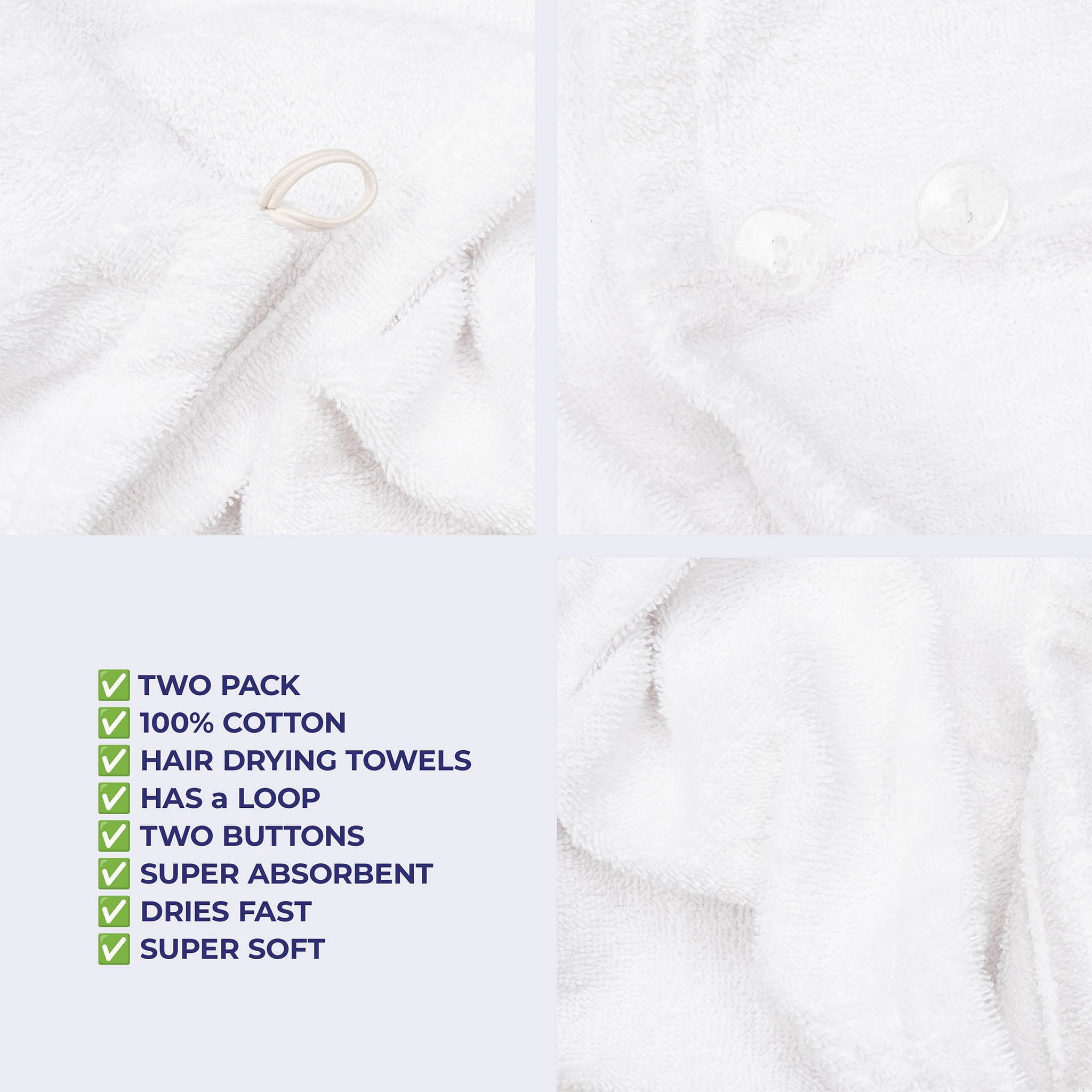 100% Cotton Turkish Hair Drying Towels, 2 Piece Quick Drying Hair Turban Towel Wrap, White - Image 6