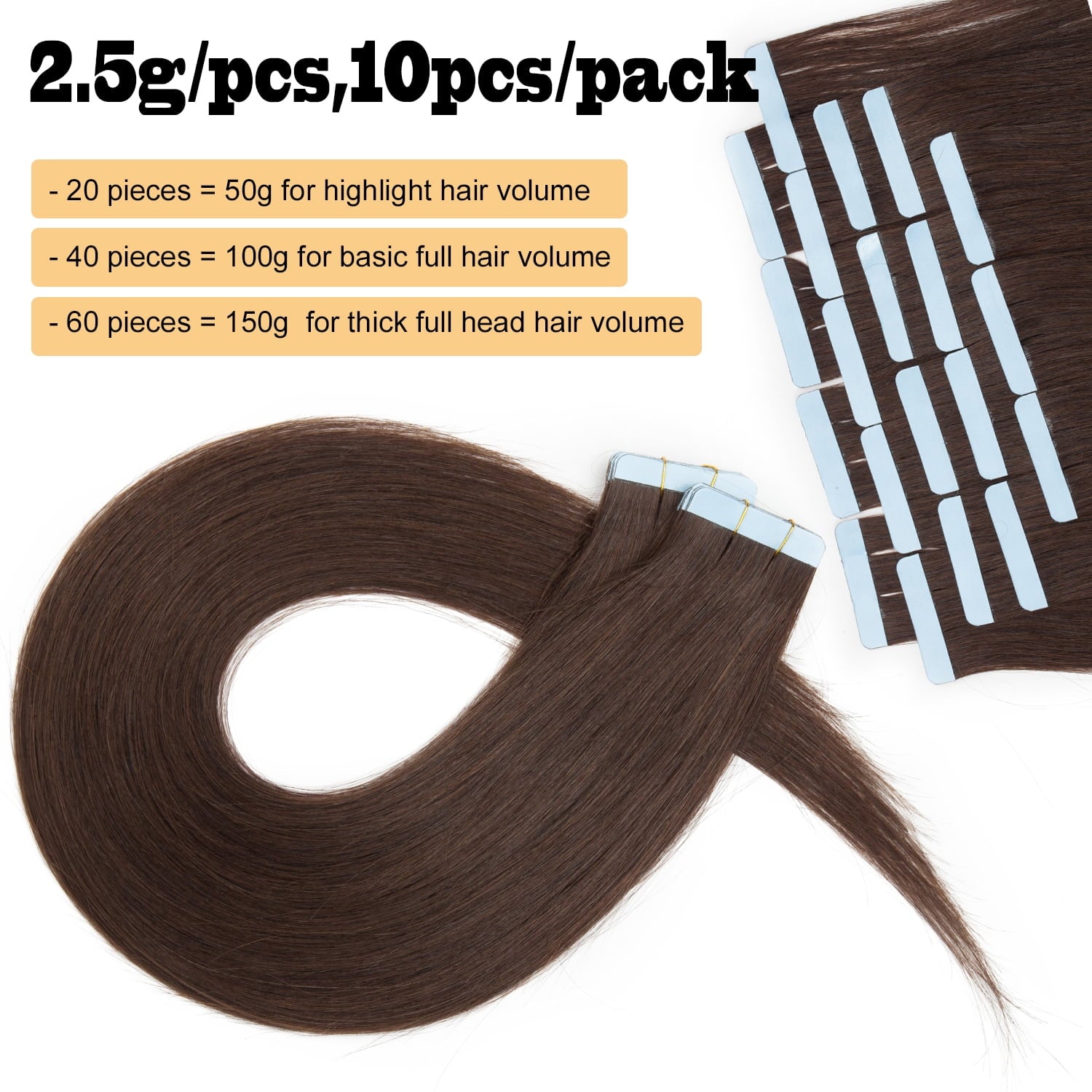 In 100% Real Remy Human Hair Extensions 18inch Seamless Skin Weft Thick Glue Straight Women Brown 10-20pcs - Image 2