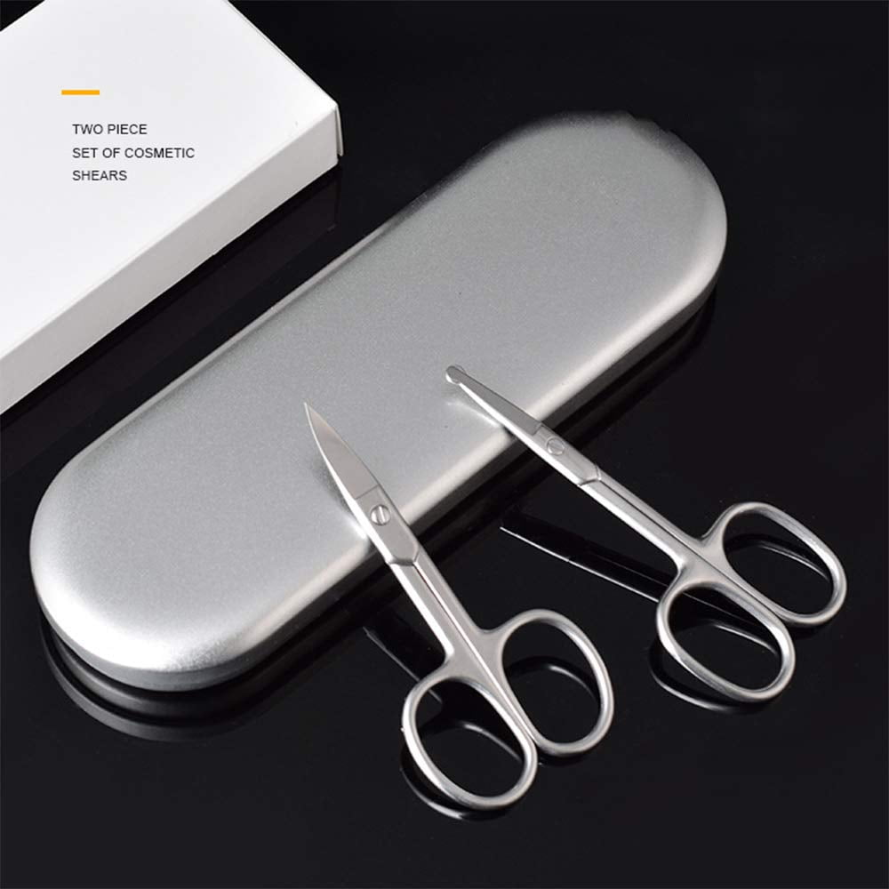 Pinkiou 2 Pieces Curved and Round Facial Nose Hair Scissors for Men Women Stainless Steel Set with Storage Box Moustache Scissor Beard Trimm - Image 2