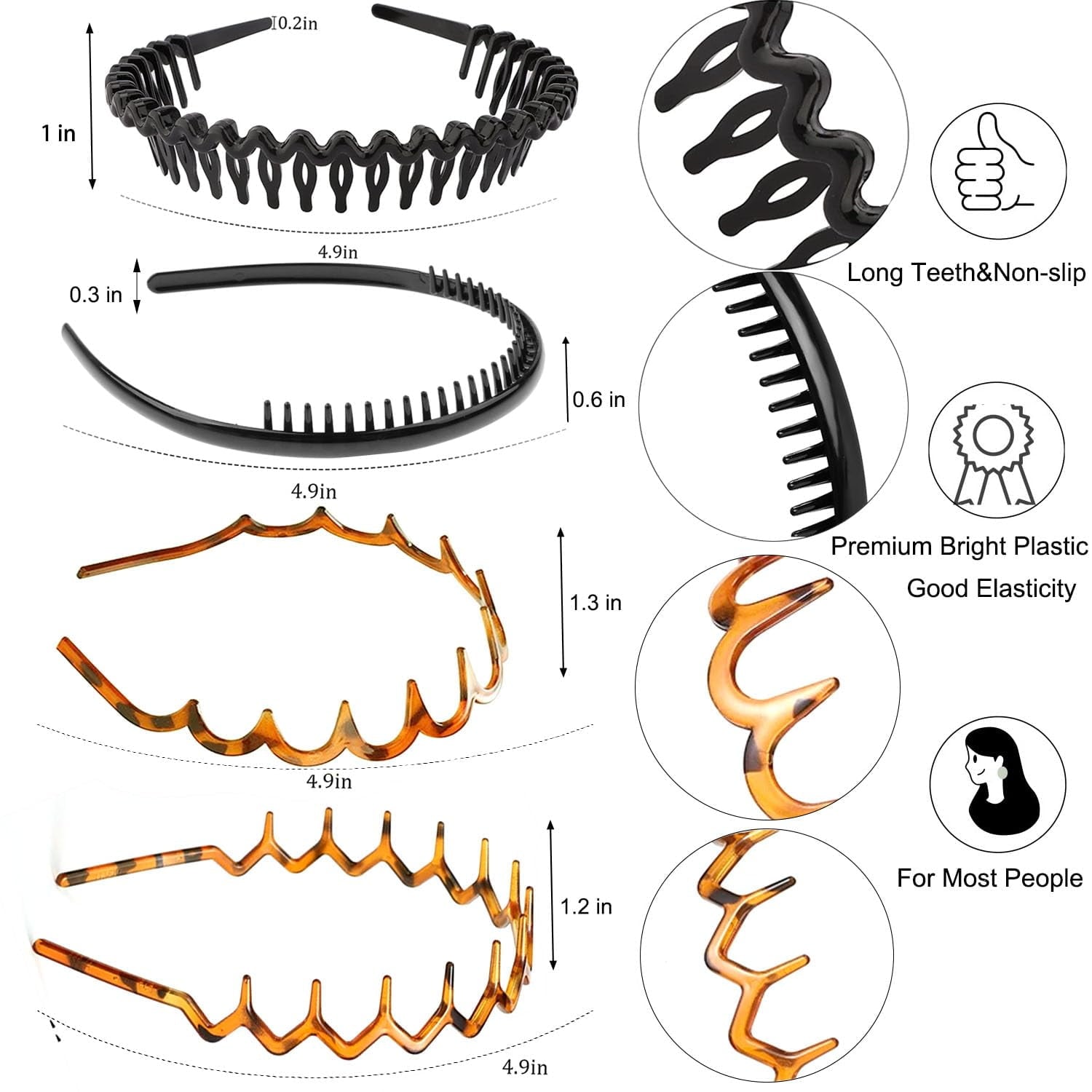 8 Pack No Slip Effortless Plastic Headbands with Teeth Comb,Multicolor - Image 2