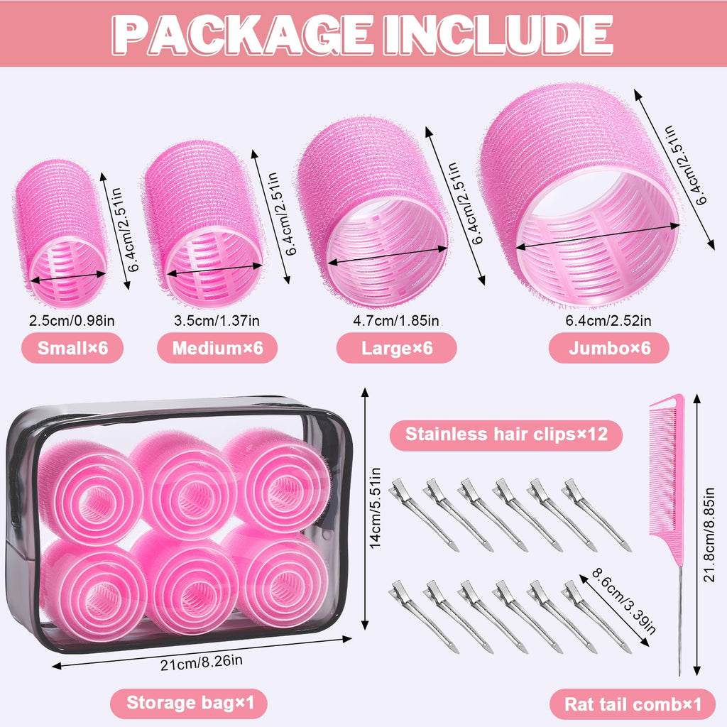 MORGLES Hair Rollers, 37 Pcs Set with 4 Sizes Hair curlers Roller & 12 Clips, Includes Comb & Clear Travel Pouch for Long/Short Hair (Pink) - Image 6